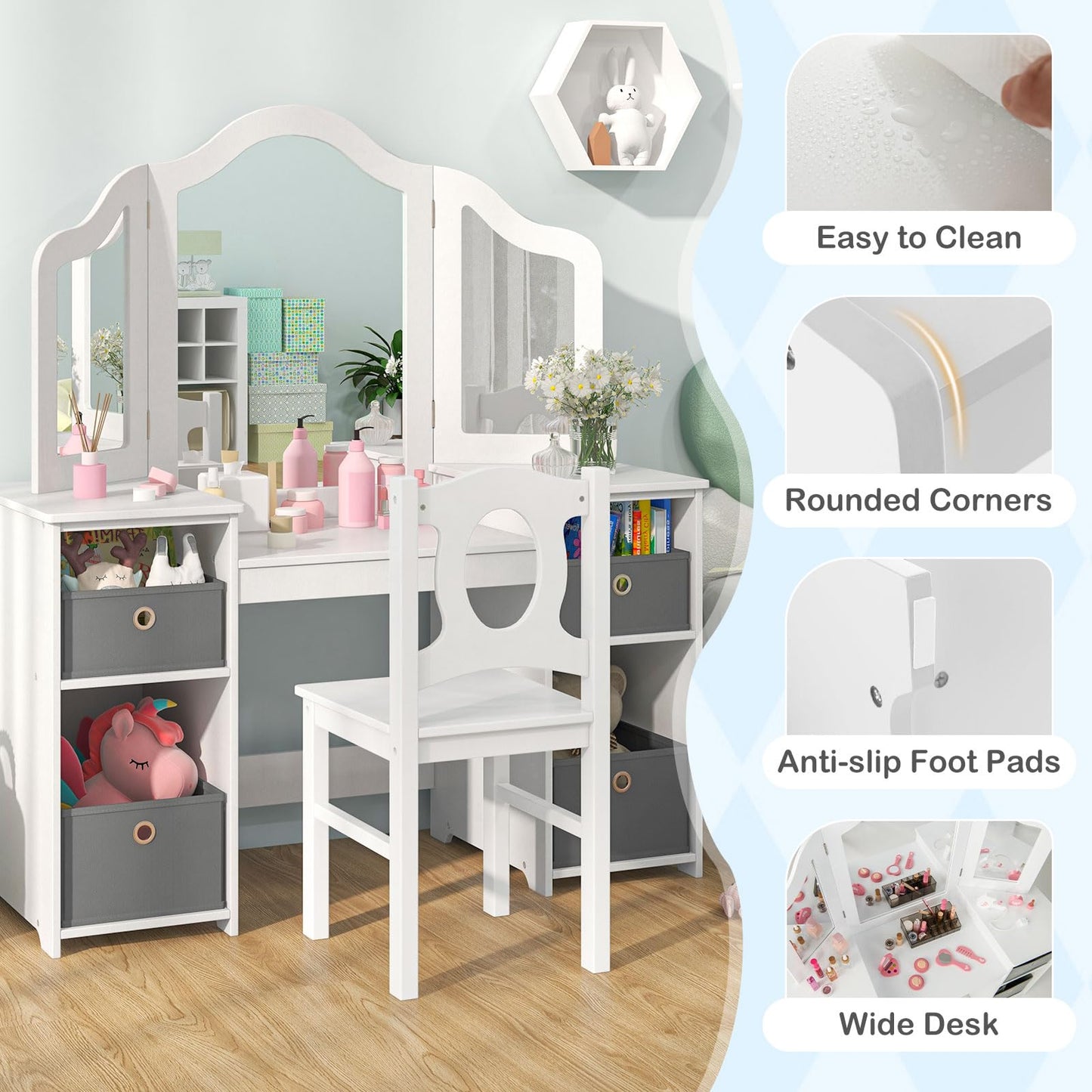 OLAKIDS Kids Vanity, 2 in 1 Princess Makeup Desk and Chair Set with 4 Drawers Tri-Folding Detachable Mirror, Wooden Dressing Table