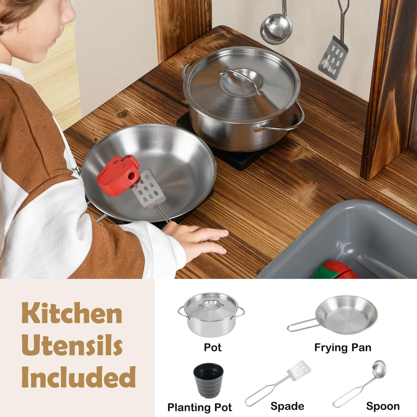 OLAKIDS Mud Kitchen, Outdoor Play Kitchen with Drawing Board, Cooking Accessories, Wooden Kids Kitchen Playset