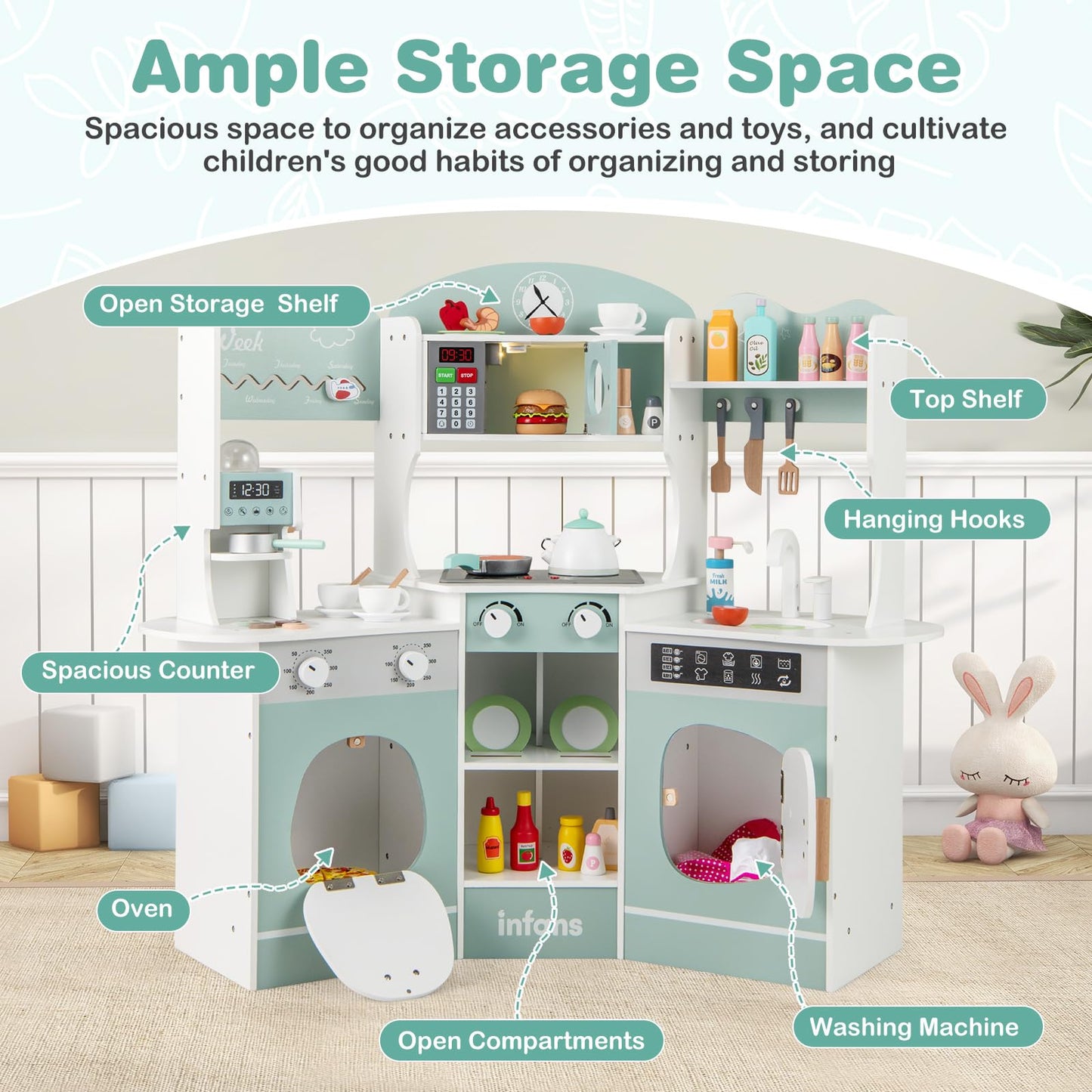 OLAKIDS Corner Kids Kitchen Playset, Toddler Wooden Pretend Cooking Set with Lights Sounds Coffee Machine Washing Machine