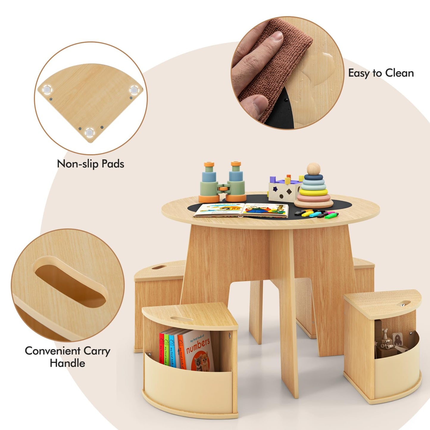 OLAKIDS Toddler Table and Chair Set with 4 Storage Stools, Wooden Flower Shaped Nesting Table with Blackboard Drawers