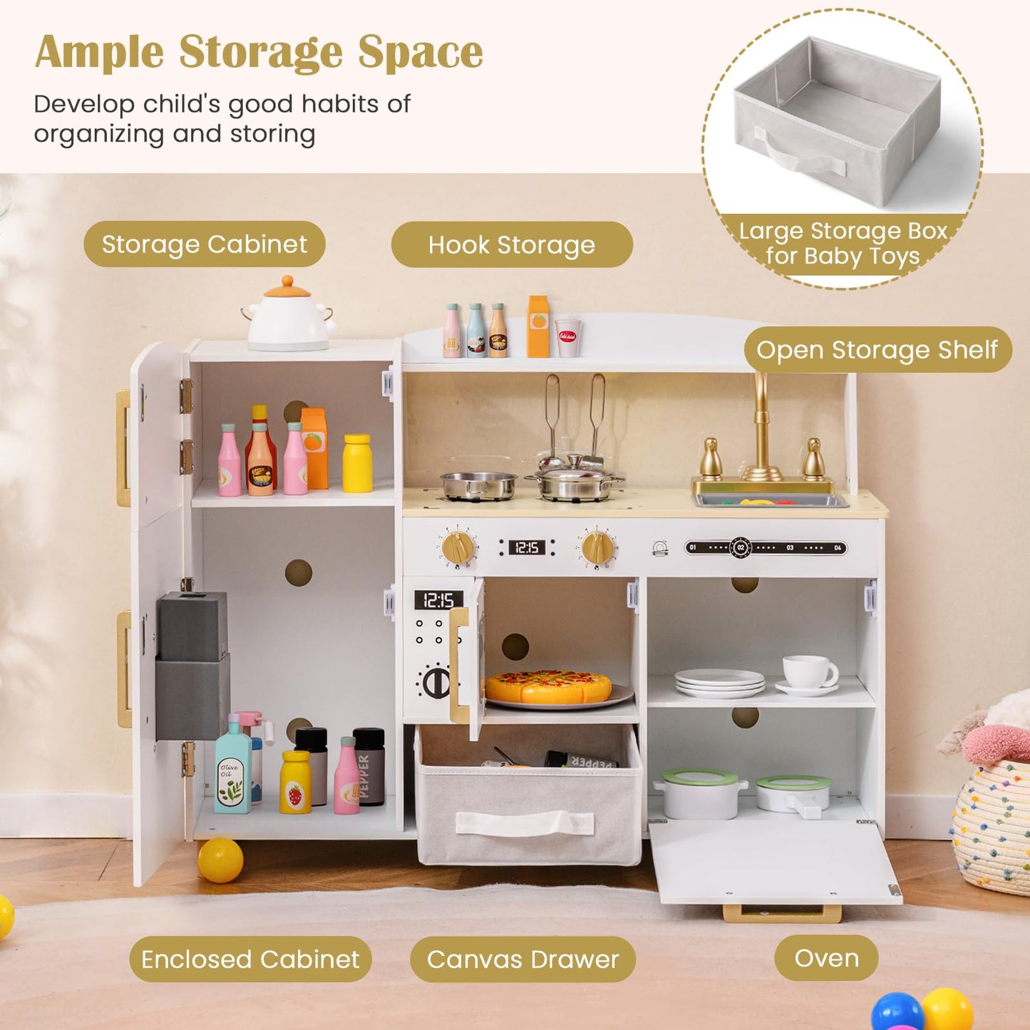 OLAKIDS Kids Kitchen Playset, Toddler Wooden Pretend Cooking Toy Set with Acrylic Drawing Board Ice Machine Dishwasher