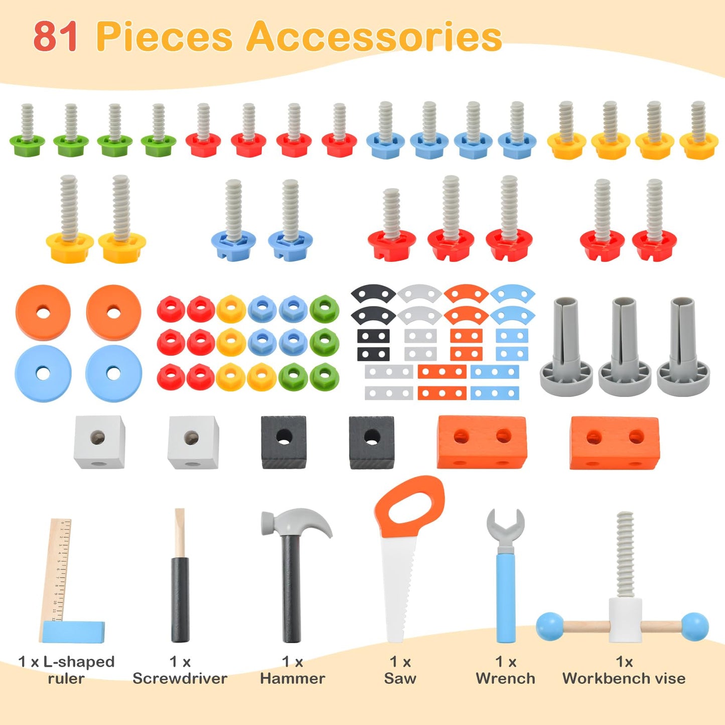 OLAKIDS Tool Bench Set for Toddlers, Kids Wooden Workbench with Blackboard Construction Building Tools and 75 Accessories