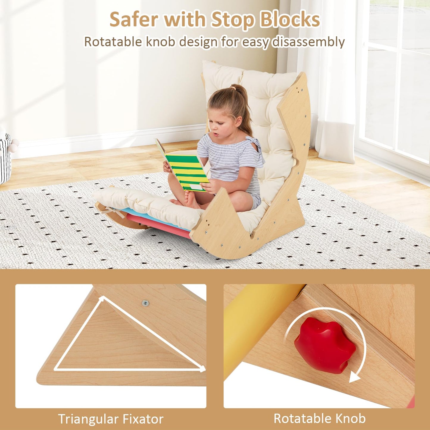 OLAKIDS Wooden Arch Climber Rocker with Soft Cushion, 6 in 1 Montessori Climbing Toys for Toddlers, Gym Playset Gift for Kids