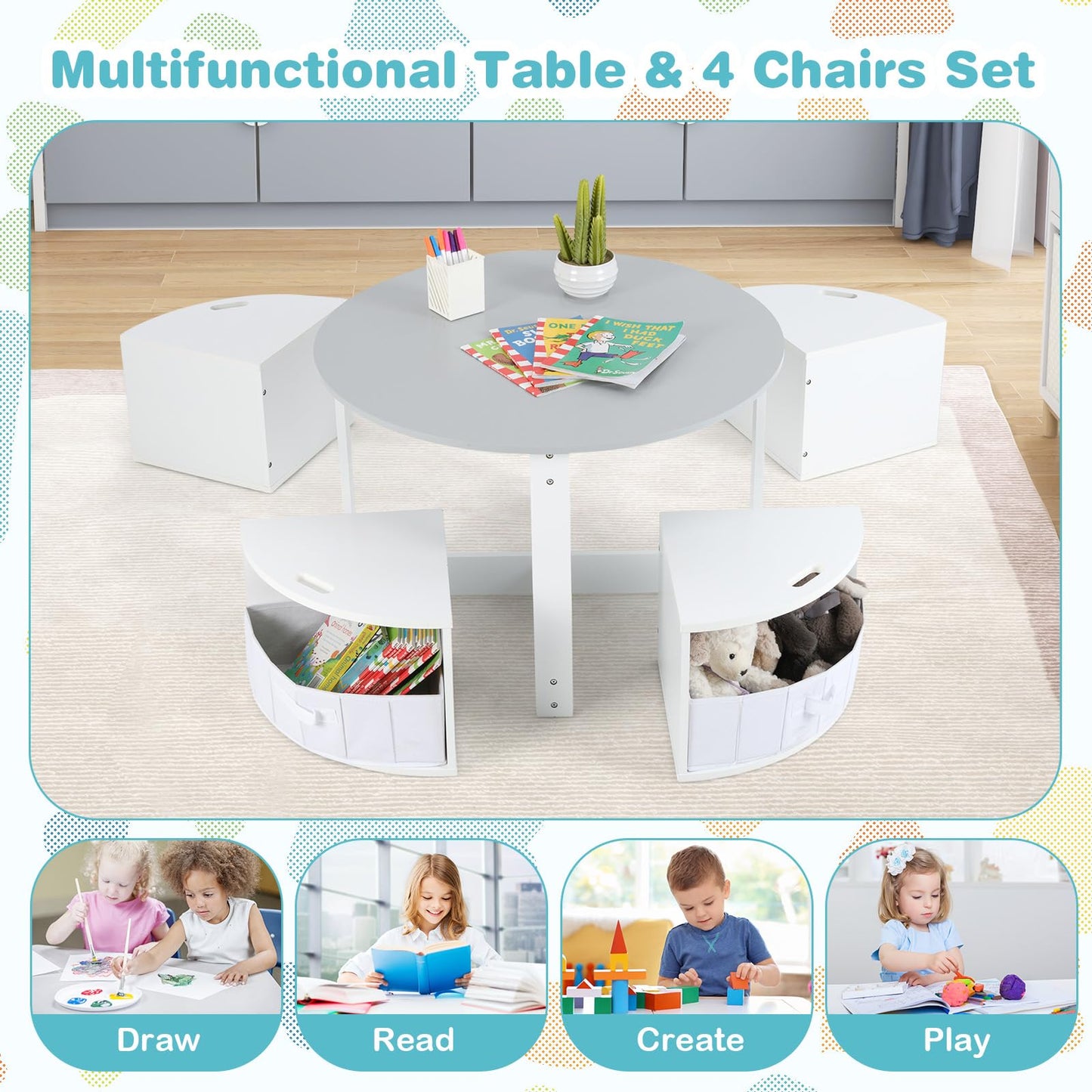 OLAKIDS Toddler Table and Chair Set, Wooden Table and 4 Chairs with Nesting Design, Children Multi-Activity Table