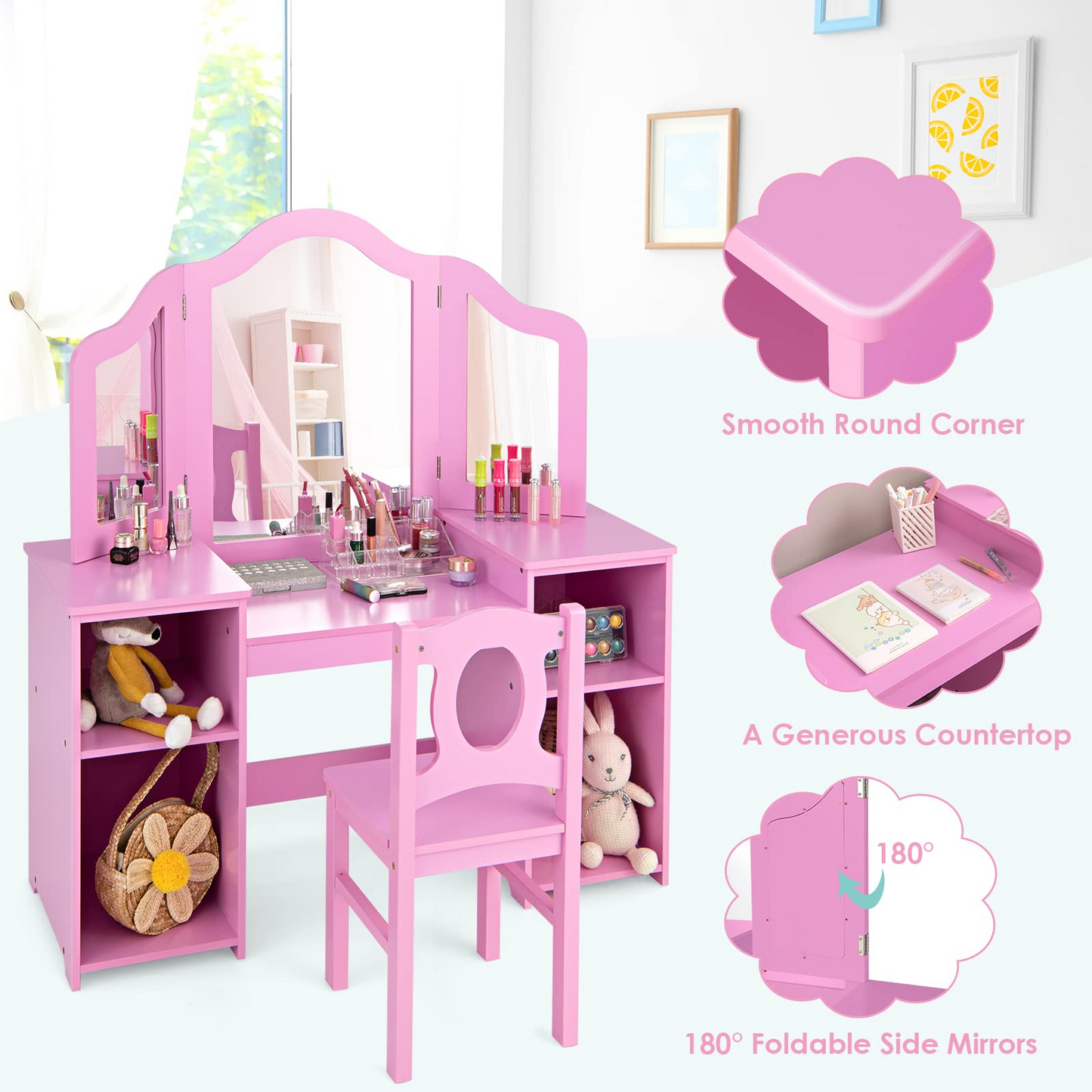 2 in 1 Princess Makeup Desk & Chair Set with Tri-Folding Detachable Mirror OLAKIDS