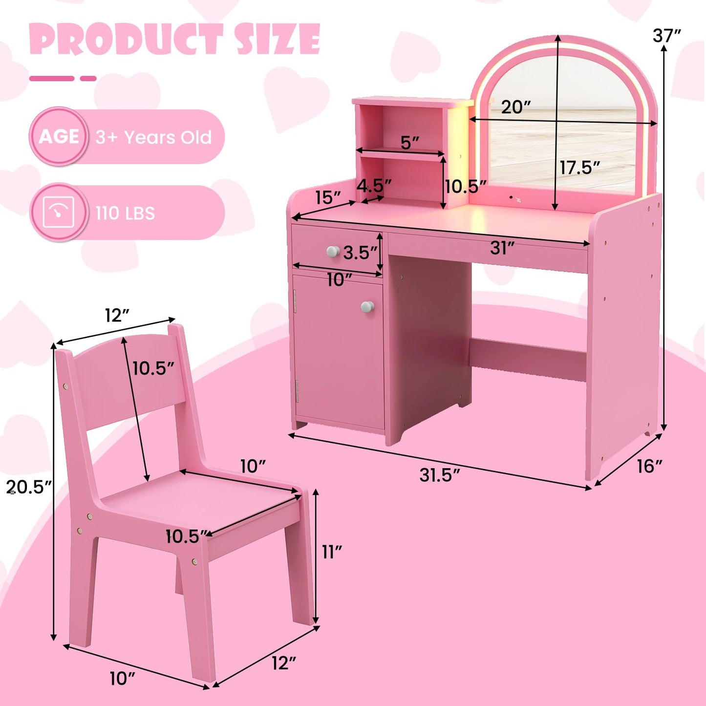 OLAKIDS Kids Vanity, Princess Makeup Desk and Chair Set with Lights Mirror, Pretend Play Vanity Set for Toddler Girls