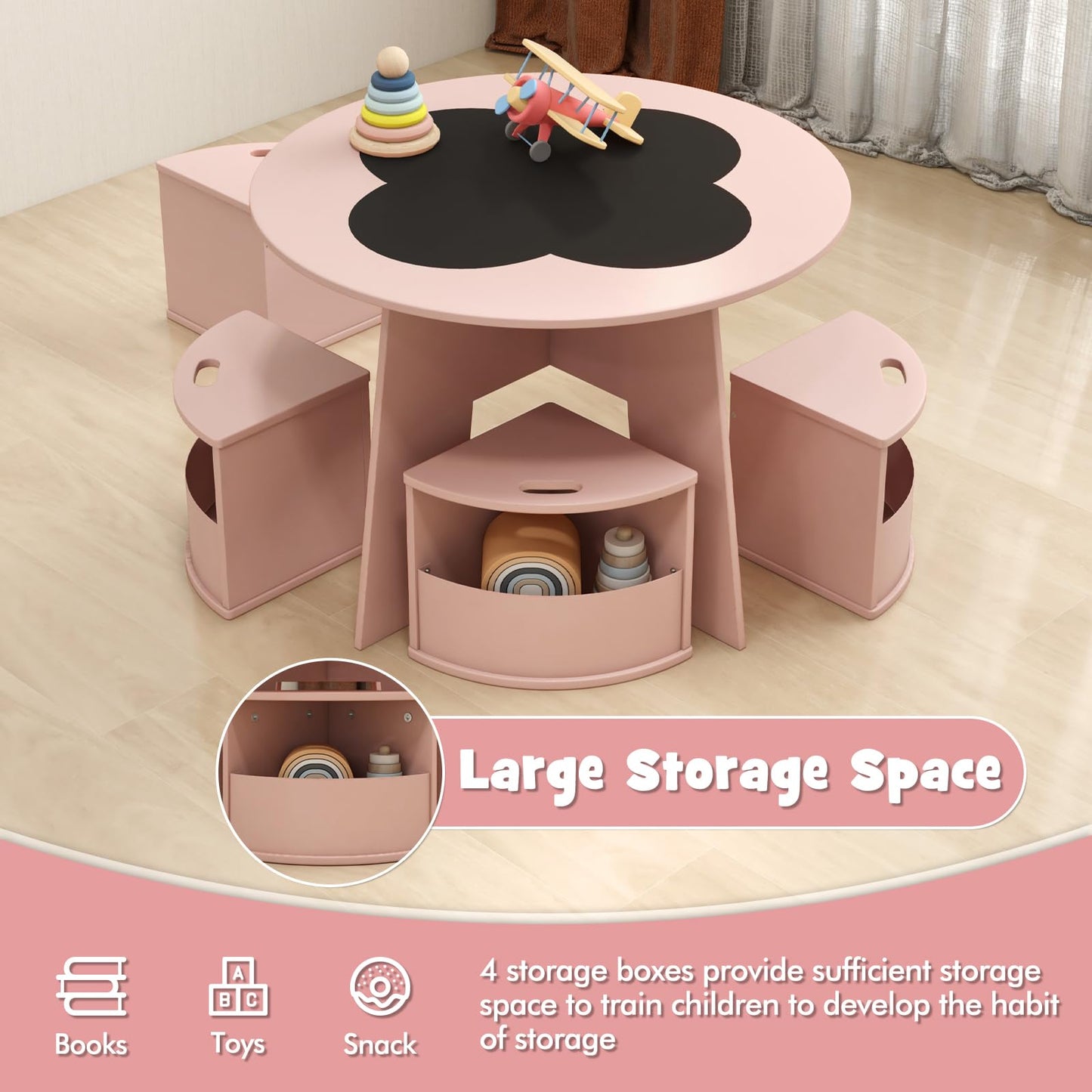 OLAKIDS Toddler Table and Chair Set with 4 Storage Stools, Wooden Flower Shaped Nesting Table with Blackboard Drawers