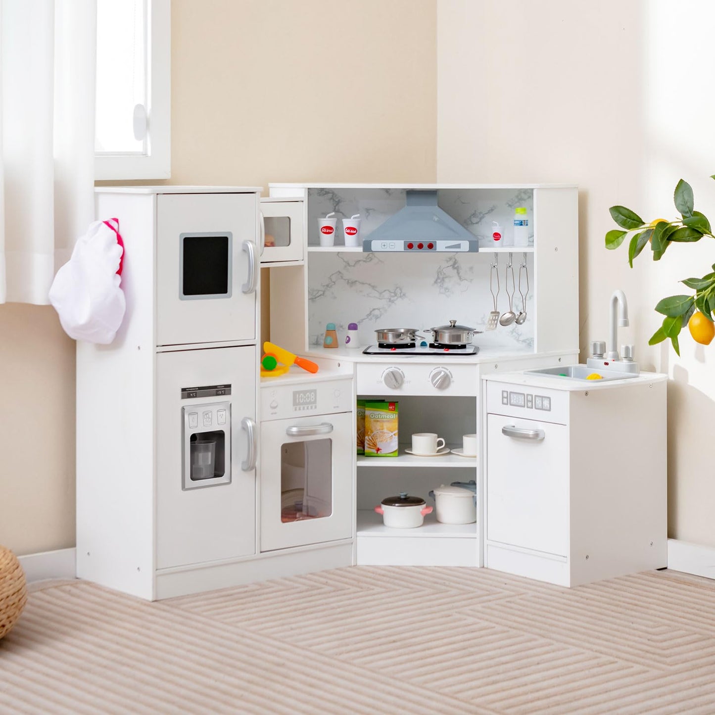 OLAKIDS Corner Kids Kitchen Playset, Toddler Wooden Pretend Cooking Set with Realistic Light Sound Stove