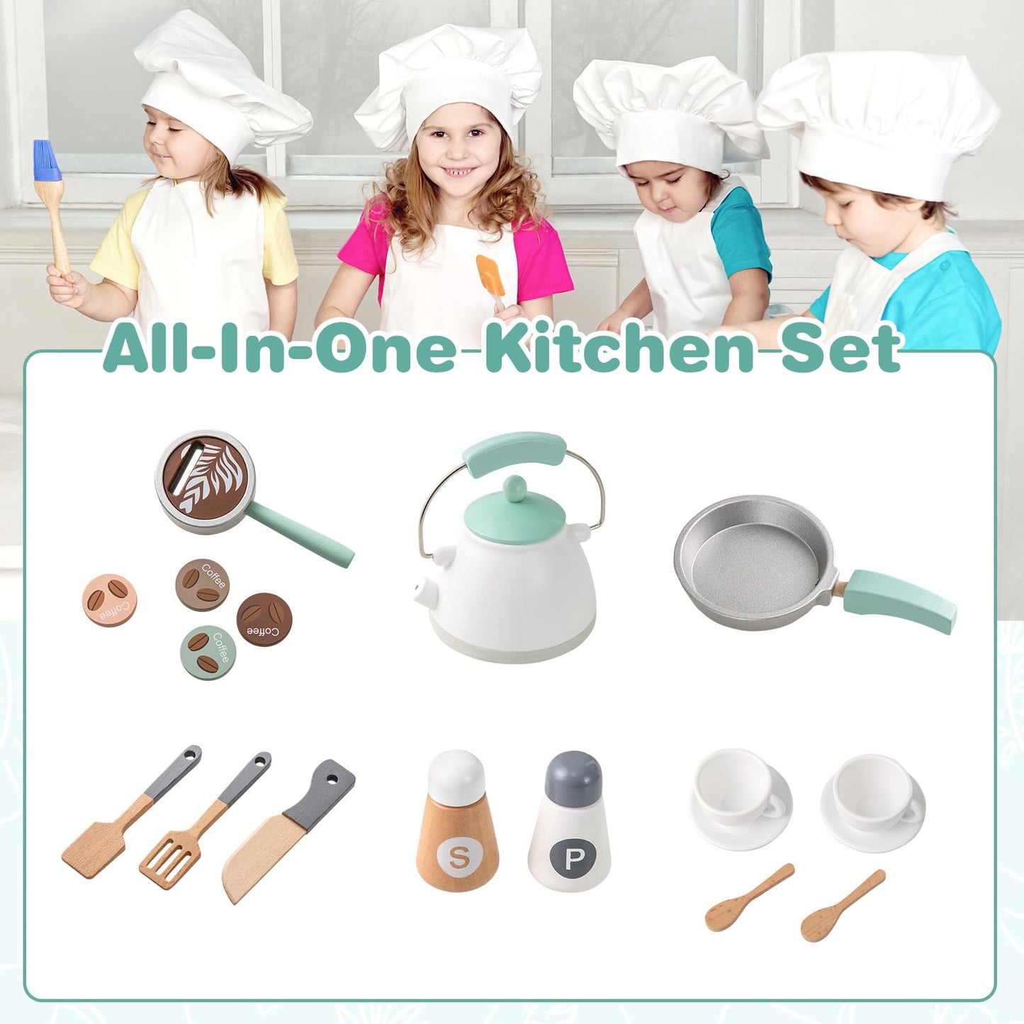 OLAKIDS Corner Kids Kitchen Playset, Toddler Wooden Pretend Cooking Set with Lights Sounds Coffee Machine Washing Machine