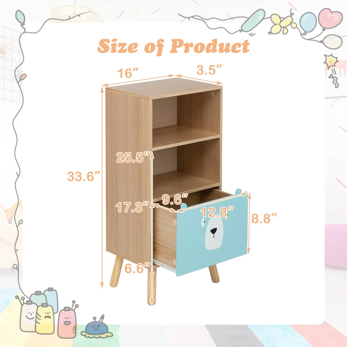 OLAKIDS Kids Bookcase Toy Storage Organizer, Children Storage Cabinet with Slide Drawer and 2 Cubes