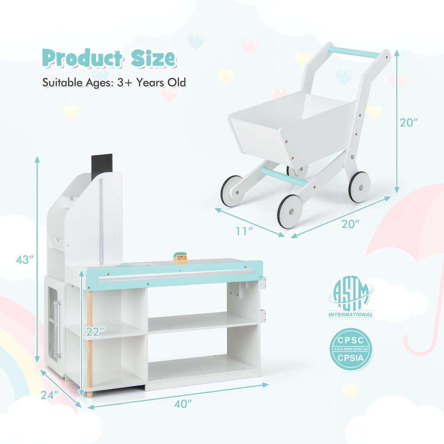 OLAKIDS Kids Grocery Store Playset, Wooden Pretend Play Supermarket with LED Lights, Market Stand Toy