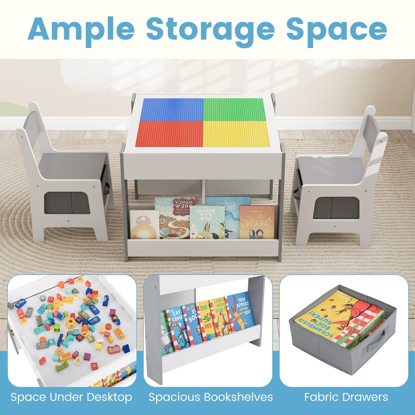 OLAKIDS Kids Table and Chair Set, 4 in 1 Building Block Wooden Activity Desk with Reversible Tabletop for Toddlers