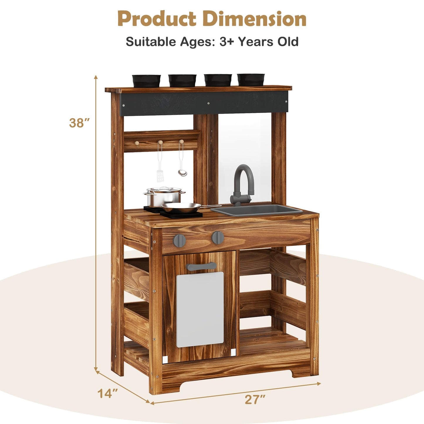 OLAKIDS Mud Kitchen, Outdoor Play Kitchen with Drawing Board, Cooking Accessories, Wooden Kids Kitchen Playset