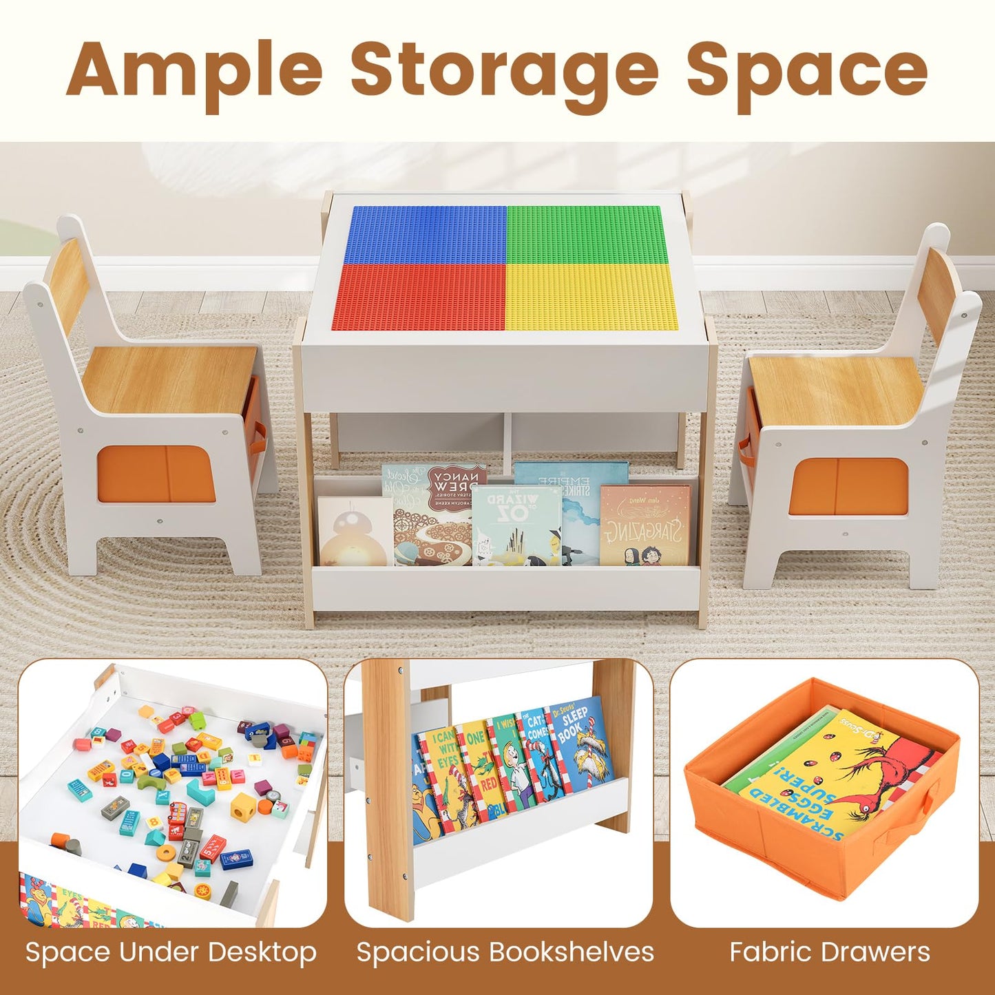 OLAKIDS Kids Table and Chair Set, 4 in 1 Building Block Wooden Activity Desk with Reversible Tabletop for Toddlers