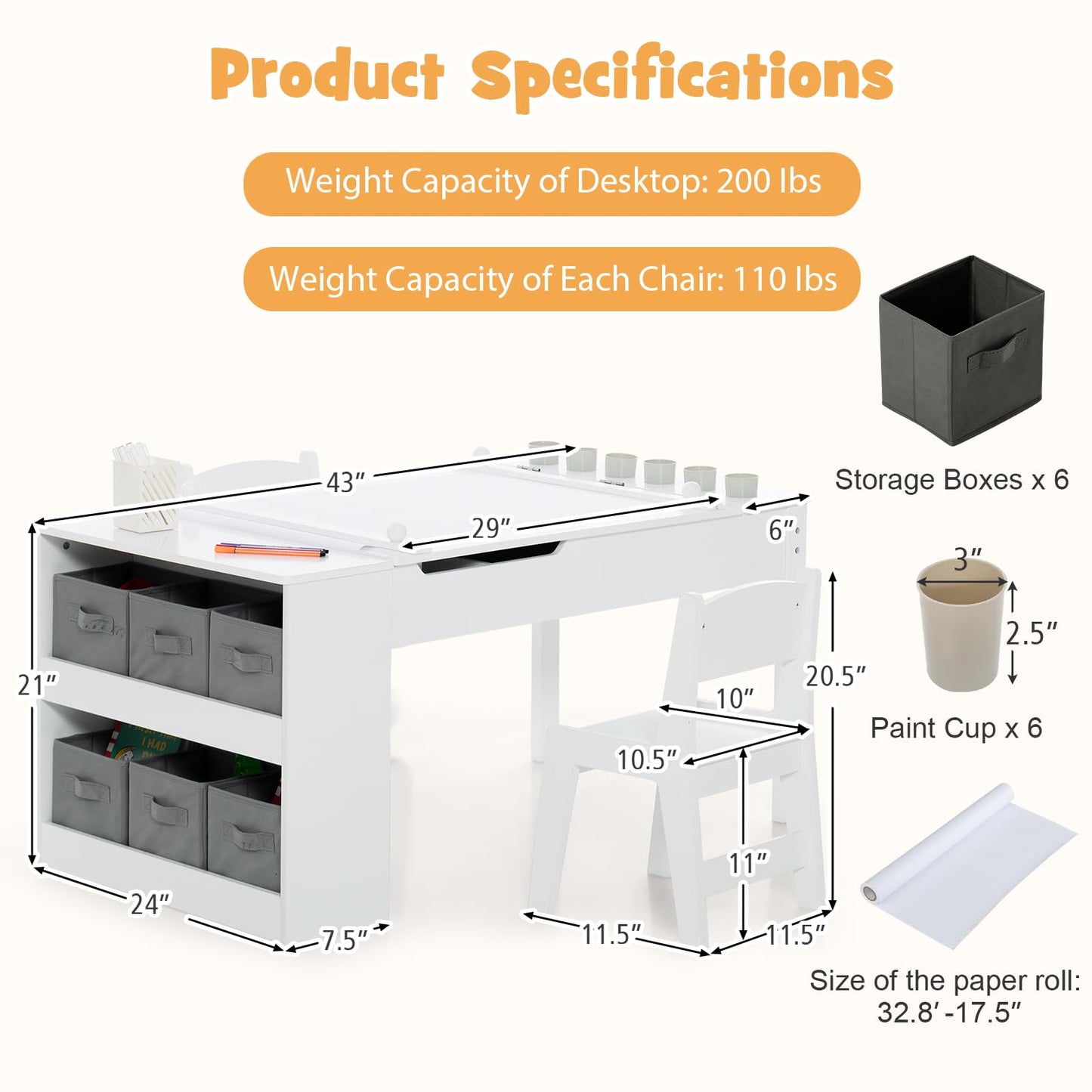 OLAKIDS 3 in 1 Kids Art Table and Chair Set, Toddler Craft Play Wood Activity Desk with 2 Chairs Storage Canvas Bins