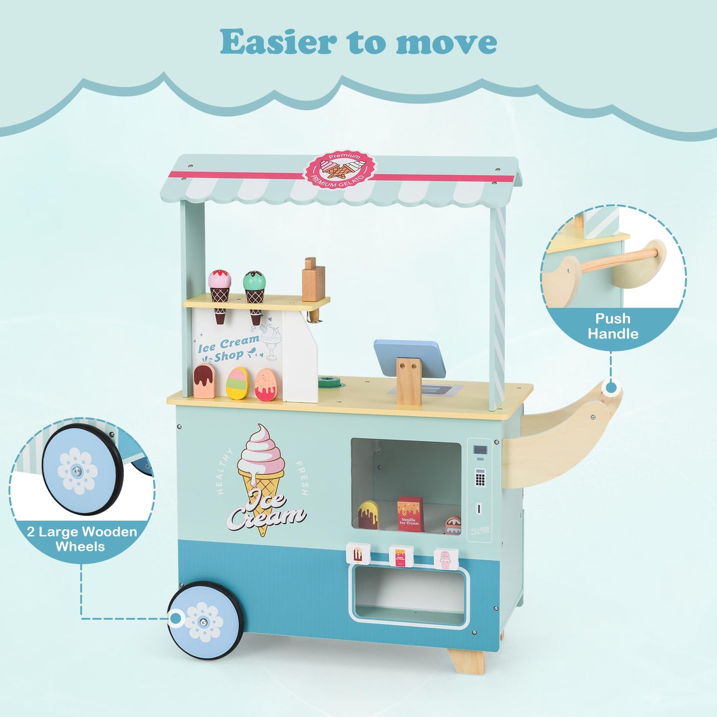 OLAKIDS Ice Cream Cart Grocery Store Marketplace Toy, Market Stand Shop Pretend Play Set with Accessories Gift for Ages 3+