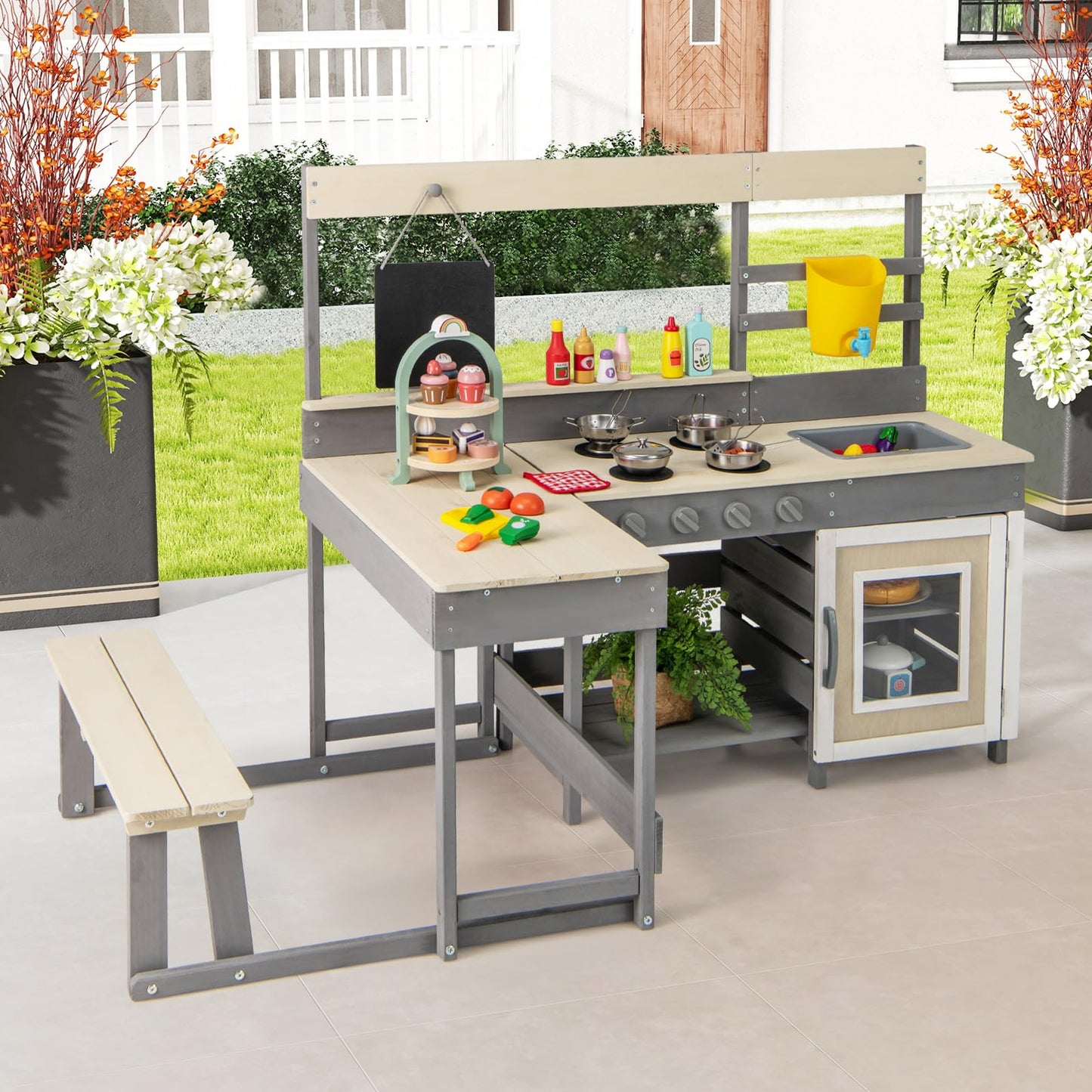 OLAKIDS Mud Kitchen, Outdoor Play Kitchen with Faucet Chalkboard Stoves Removable Sink Cooking Accessories Wooden Kids Kitchen Playset