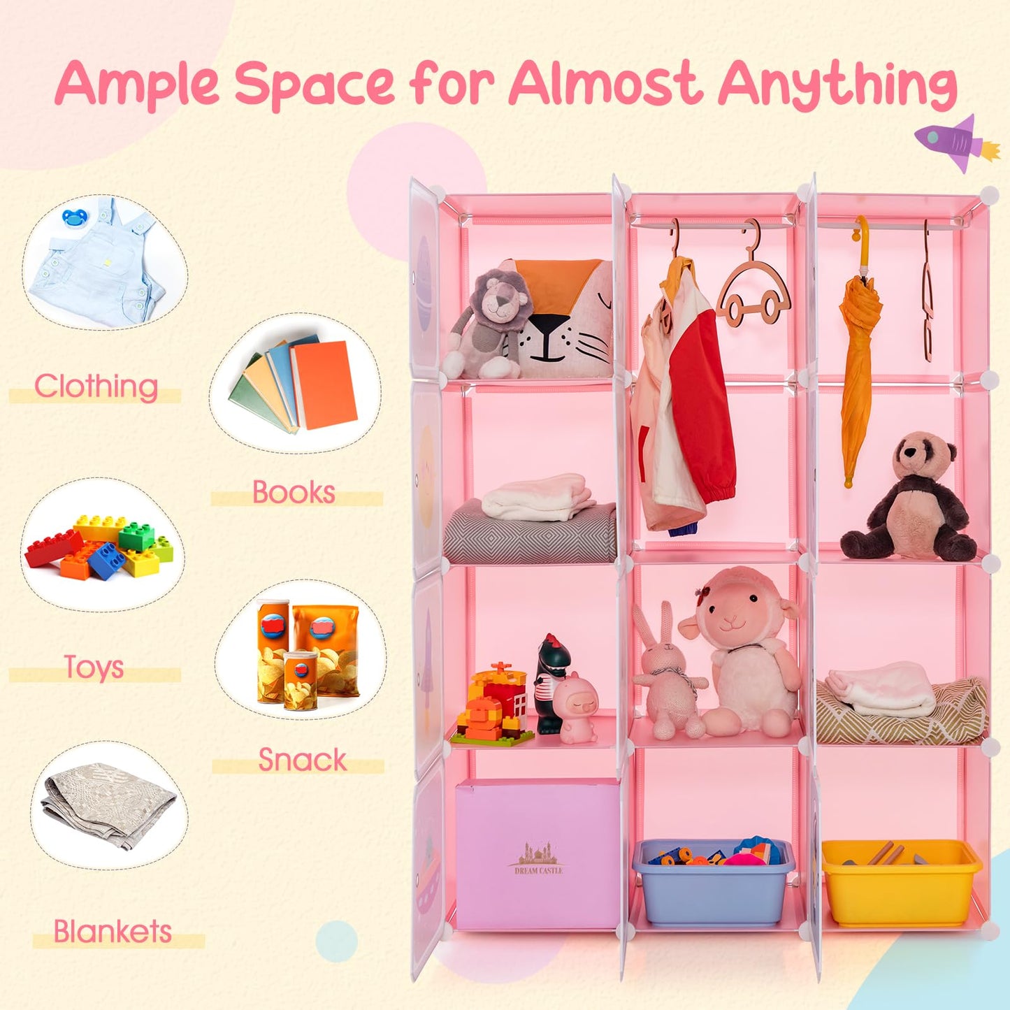 OLAKIDS Children Wardrobe, Cute for Kids Bedroom Nursery Armoire with 12 Cube, Kid Clothes Storage Organizer