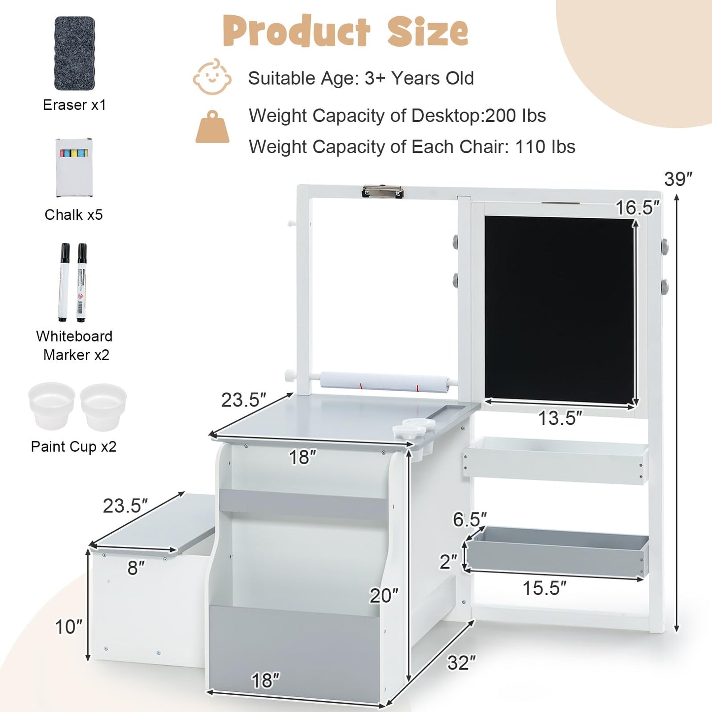 OLAKIDS 3 in 1 Kids Art Table and Chair Set, Toddler Wood Activity Desk with Double-Sided Easel, Children Furniture