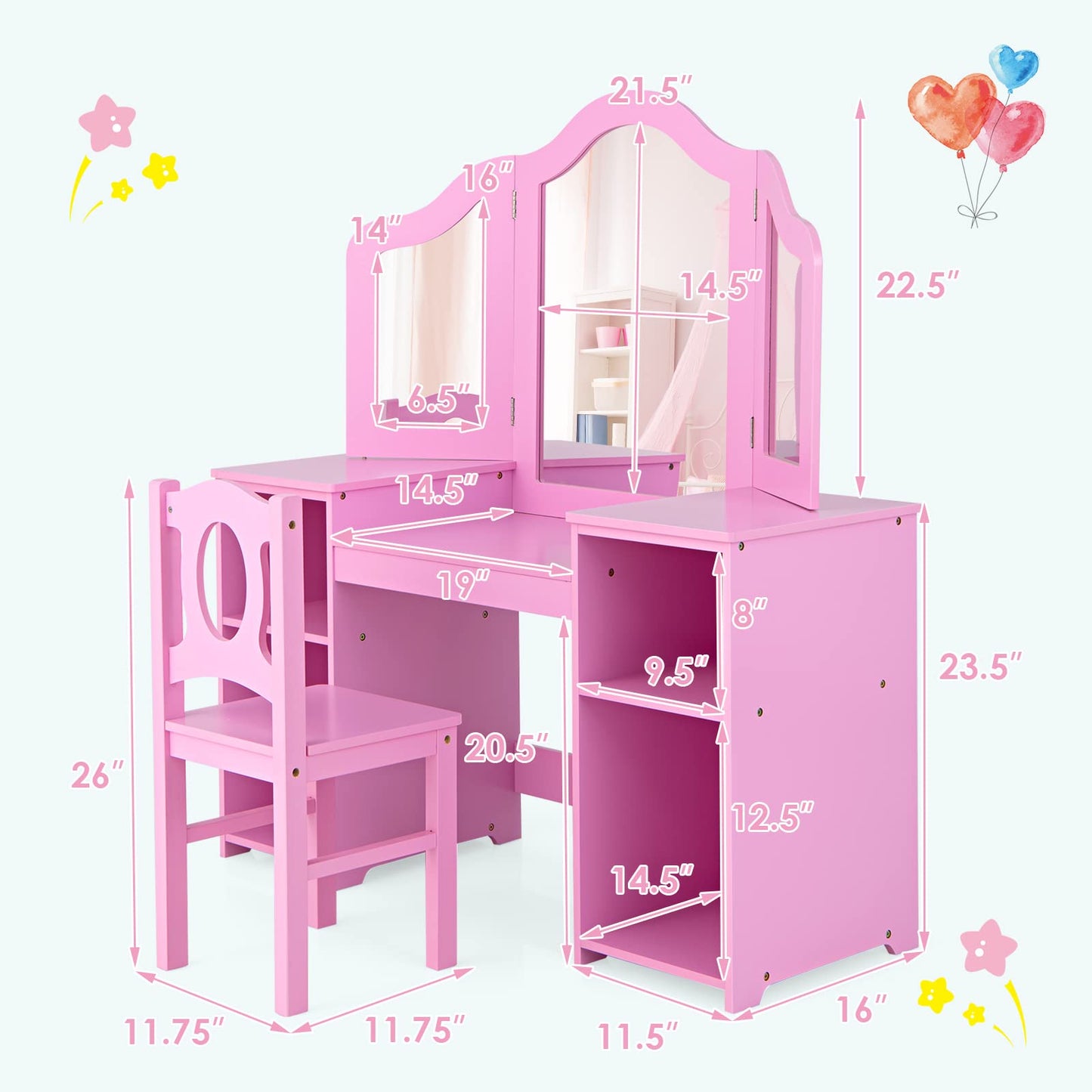 2 in 1 Princess Makeup Desk & Chair Set with Tri-Folding Detachable Mirror OLAKIDS