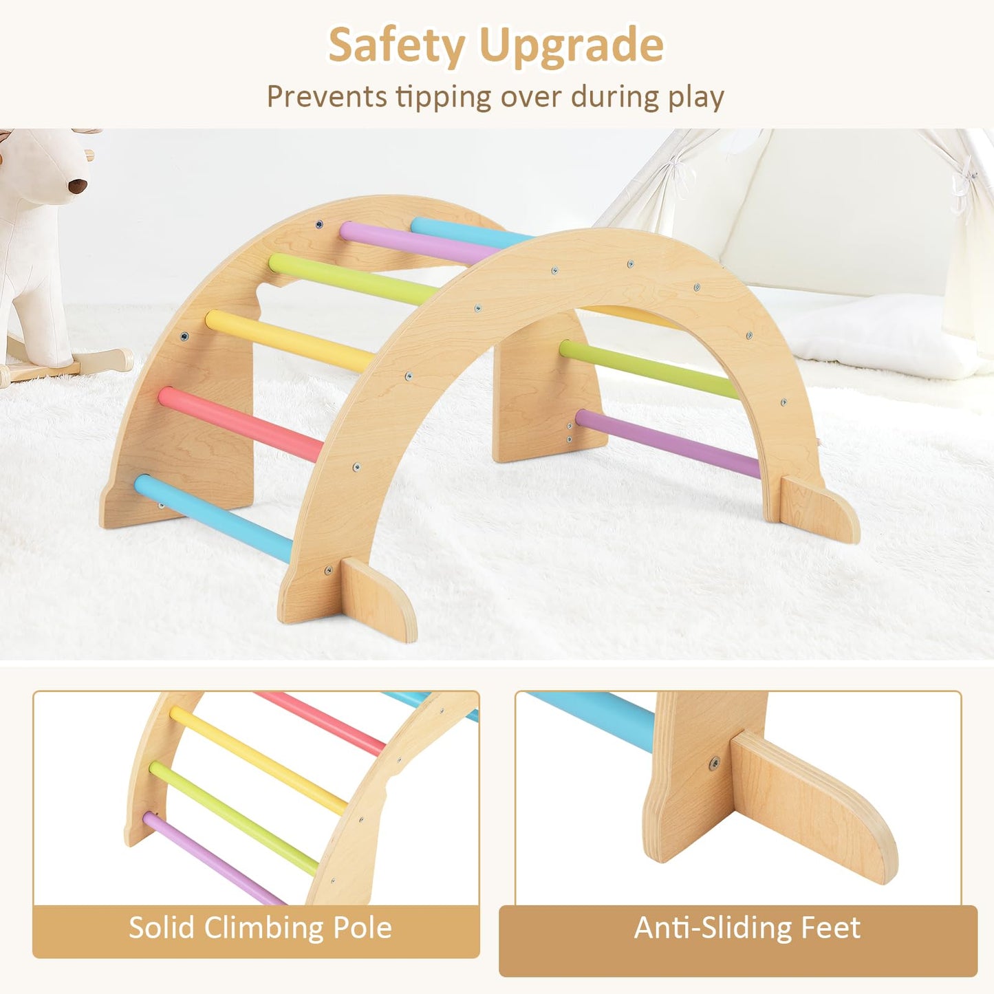 OLAKIDS Wooden Arch Climber Rocker with Soft Cushion, 6 in 1 Montessori Climbing Toys for Toddlers, Gym Playset Gift for Kids