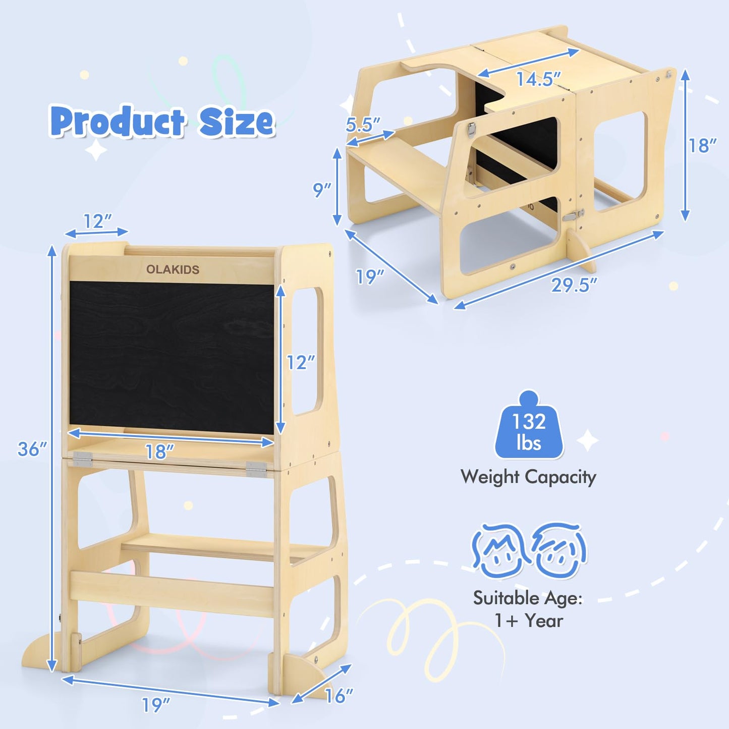 OLAKIDS Toddler Tower, 4 in 1 Foldable Kitchen Stool Helper Learning Standing Tower, Kids Wooden Collapsible Table and Chair Set