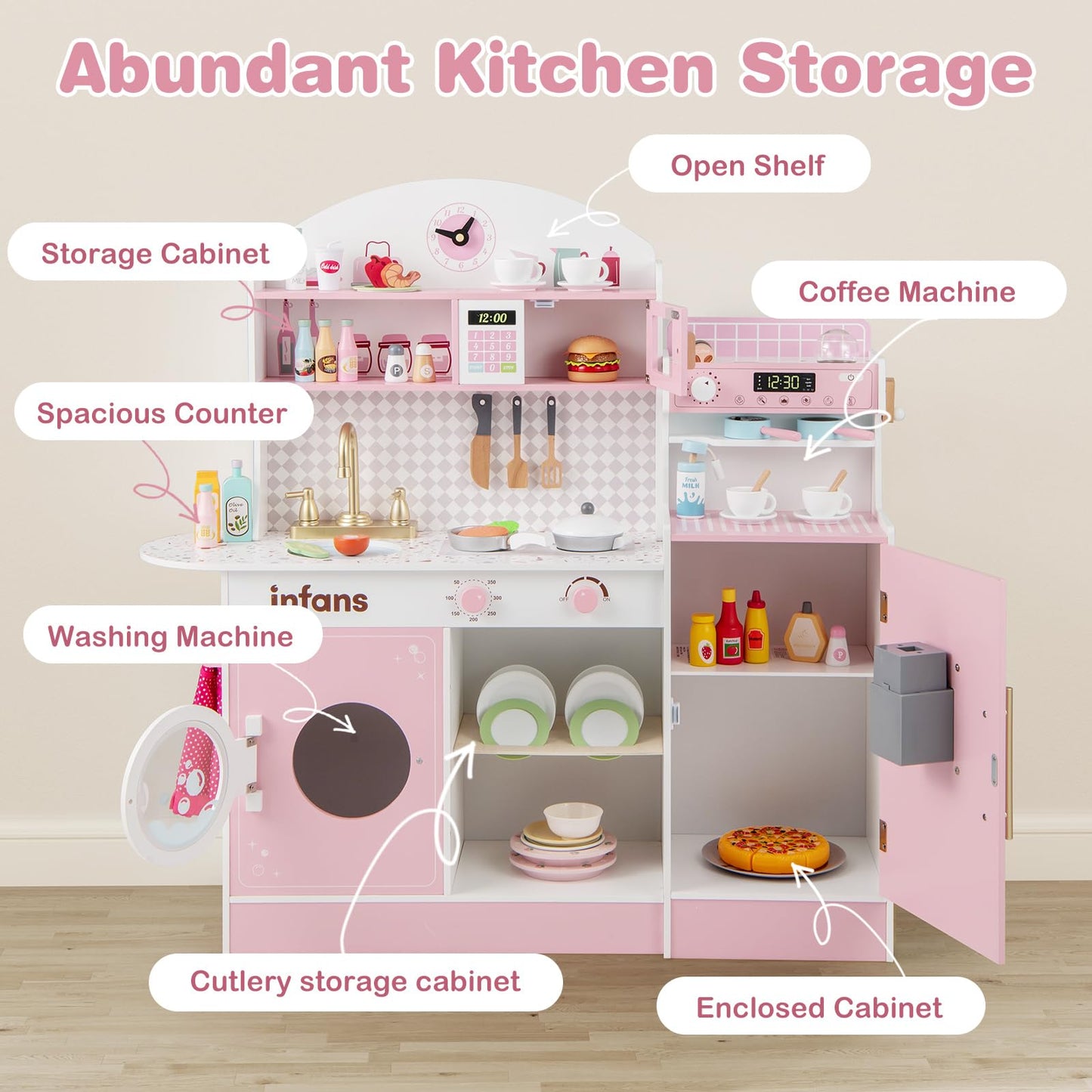 OLAKIDS Kids Kitchen Playset, Toddler Wooden Kitchen Pretend Cooking Toy Set with Coffee Maker