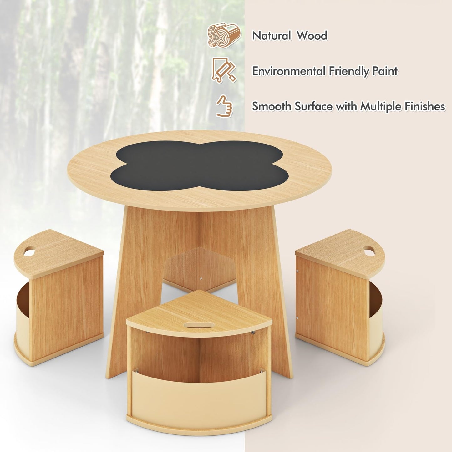 OLAKIDS Toddler Table and Chair Set with 4 Storage Stools, Wooden Flower Shaped Nesting Table with Blackboard Drawers