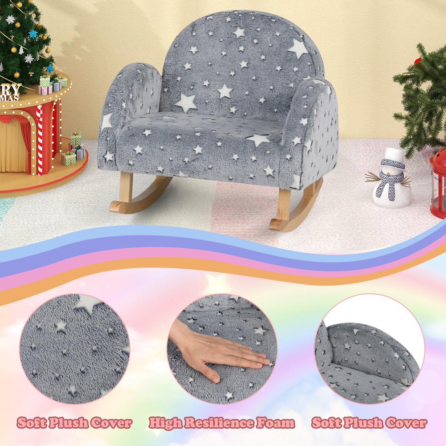 OLAKIDS Kids Sofa with Glow in The Dark, Toddler Rocking Chair, Upholstered Comfy Foam Children Chair for Kindergarten Playroom