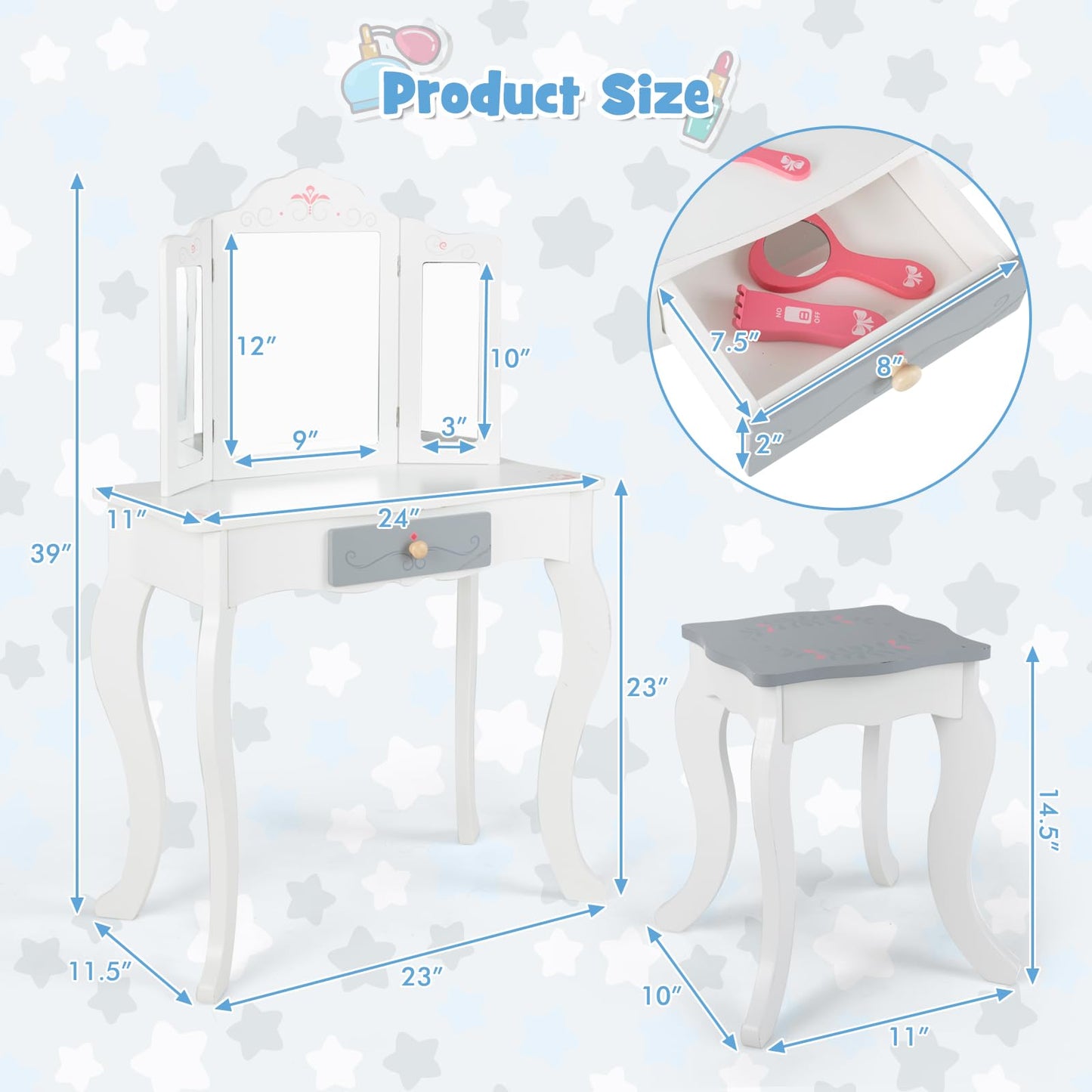 OLAKIDS Kids Vanity, 2 in 1 Princess Makeup Desk Set, Wooden Dressing Table, Pretend Play Vanity Set