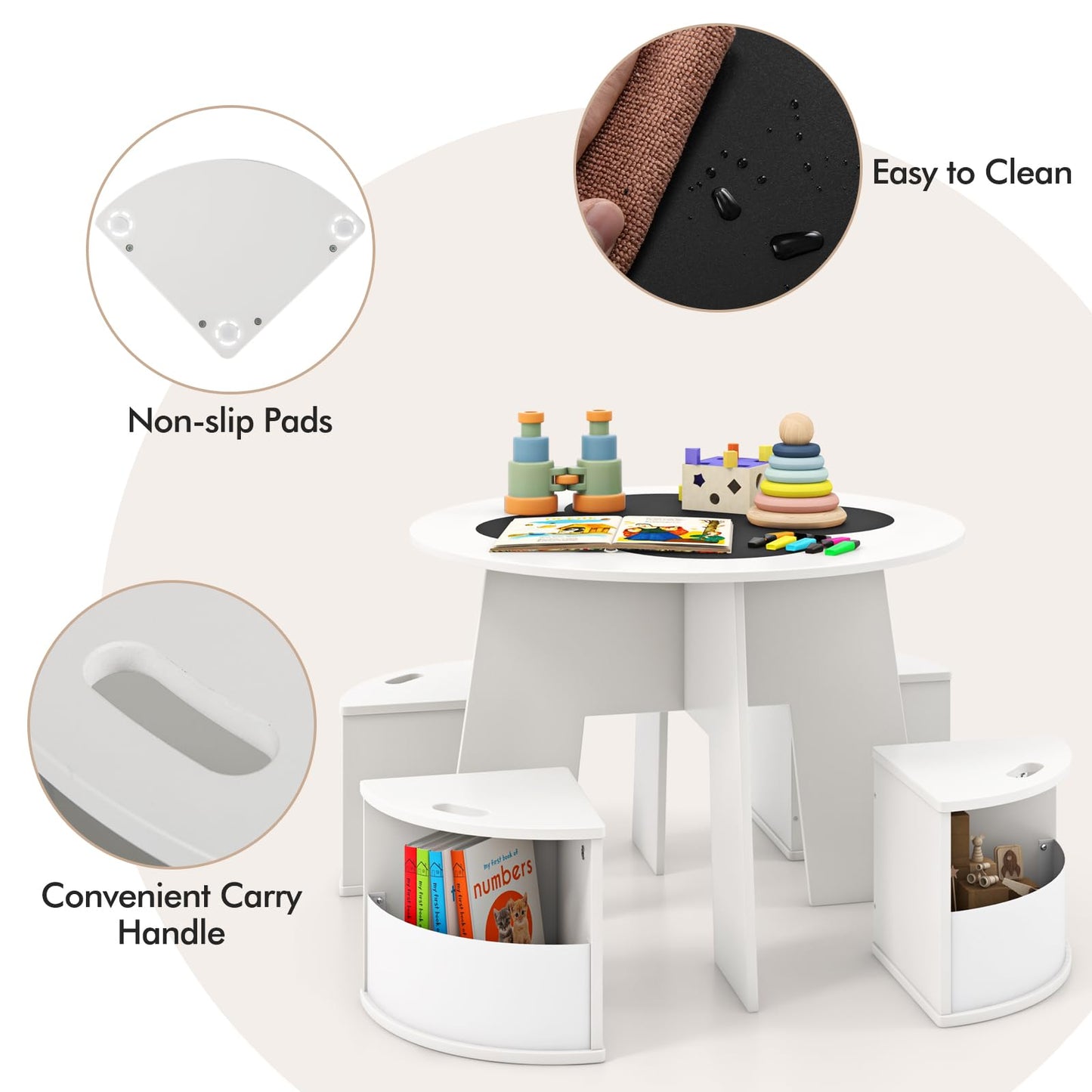 OLAKIDS Toddler Table and Chair Set with 4 Storage Stools, Wooden Flower Shaped Nesting Table with Blackboard Drawers