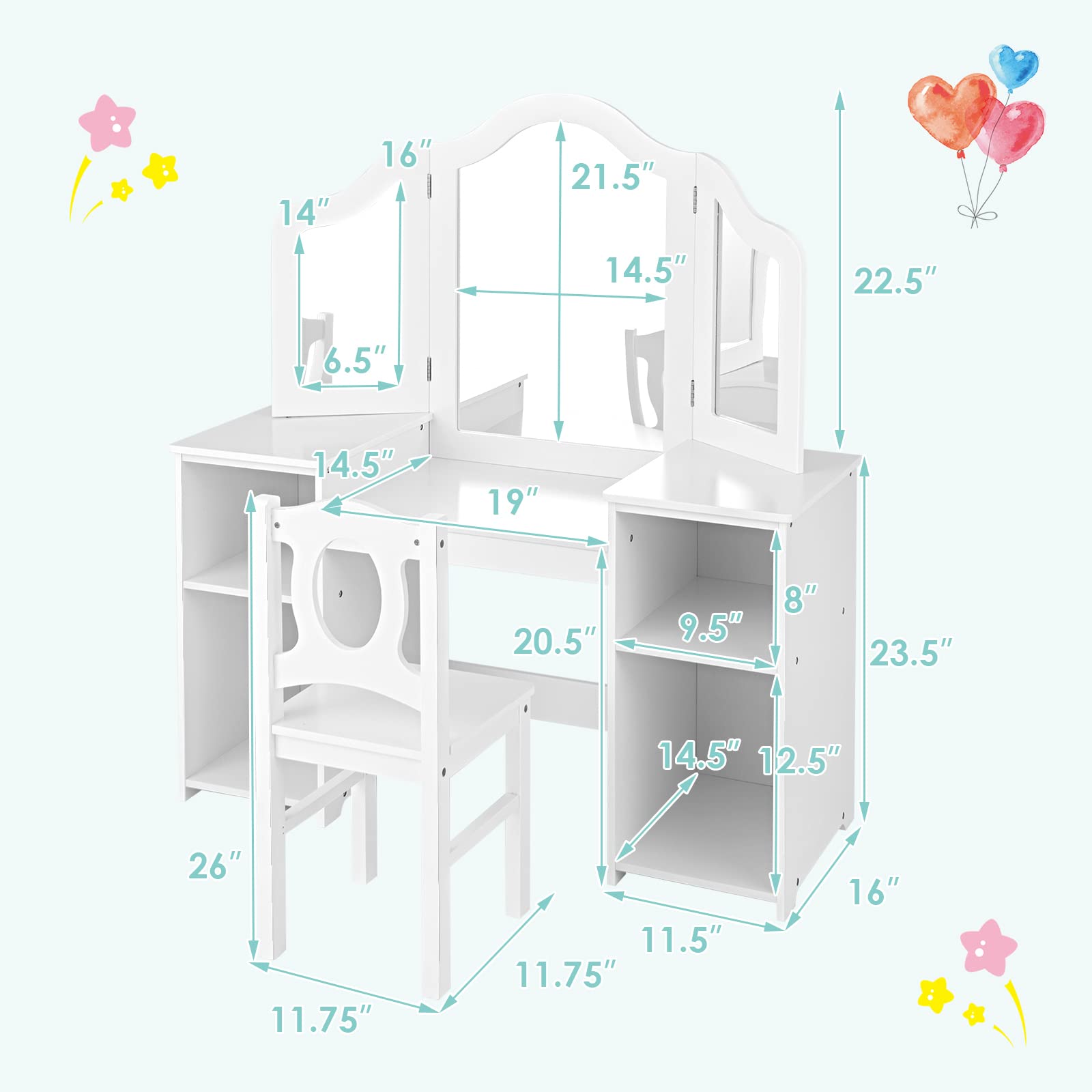 2 in 1 Princess Makeup Desk & Chair Set with Tri-Folding Detachable Mirror OLAKIDS