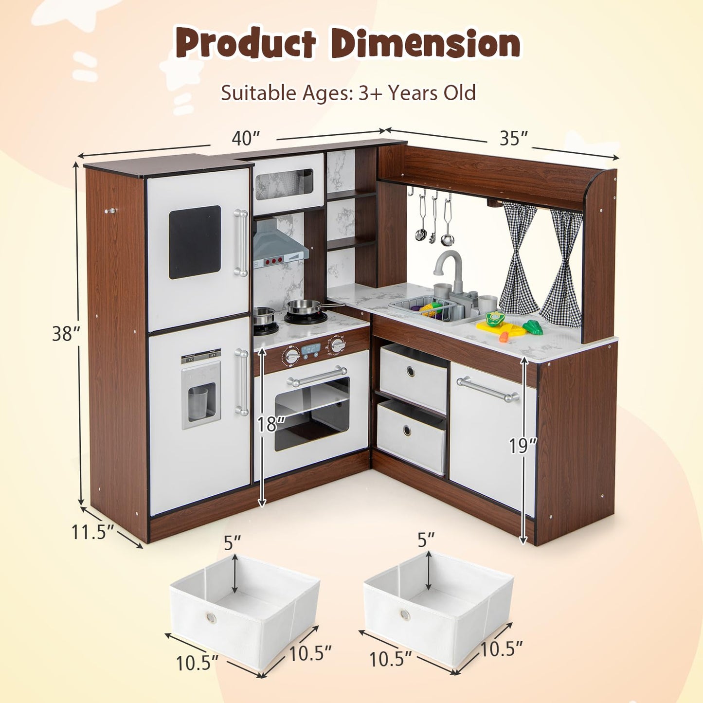 OLAKIDS Corner Kids Kitchen Playset, Ultimate Wooden Pretend Cooking Toy Set with Real Running Water