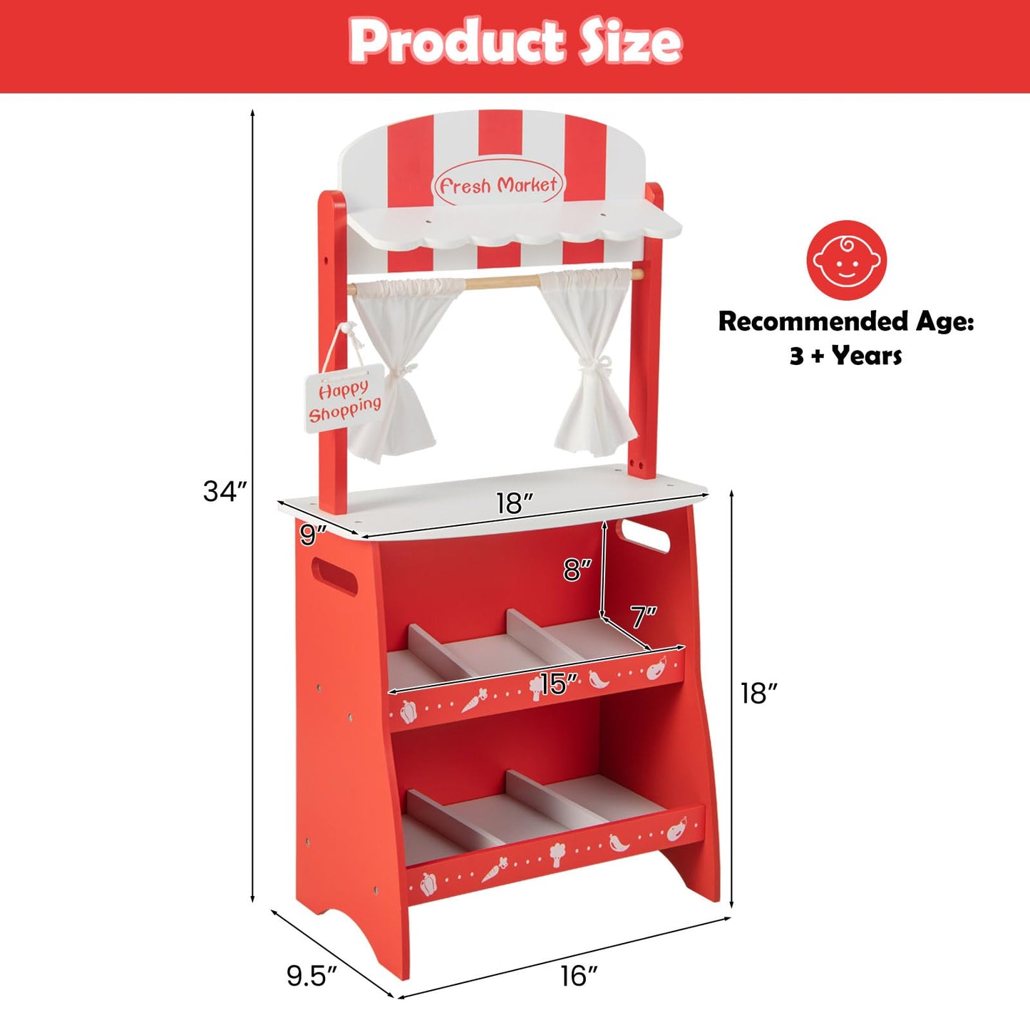 OLAKIDS Grocery Store Marketplace Toy for Kids, Wooden Market Stand Pretend Play Set with 36 Cutting Vegetables Fruits Pieces