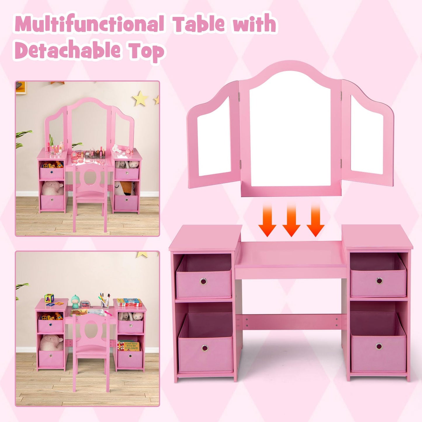 OLAKIDS Kids Vanity, 2 in 1 Princess Makeup Desk and Chair Set with 4 Drawers Tri-Folding Detachable Mirror, Wooden Dressing Table
