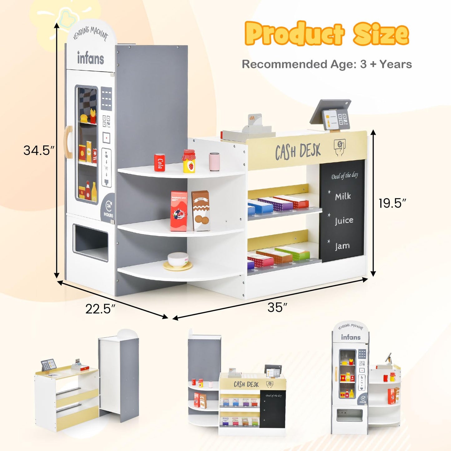 OLAKIDS Kids Grocery Store Playset, Wooden Supermarket Toy Set with Cash Register, Vending Machine, Pretend Play Store