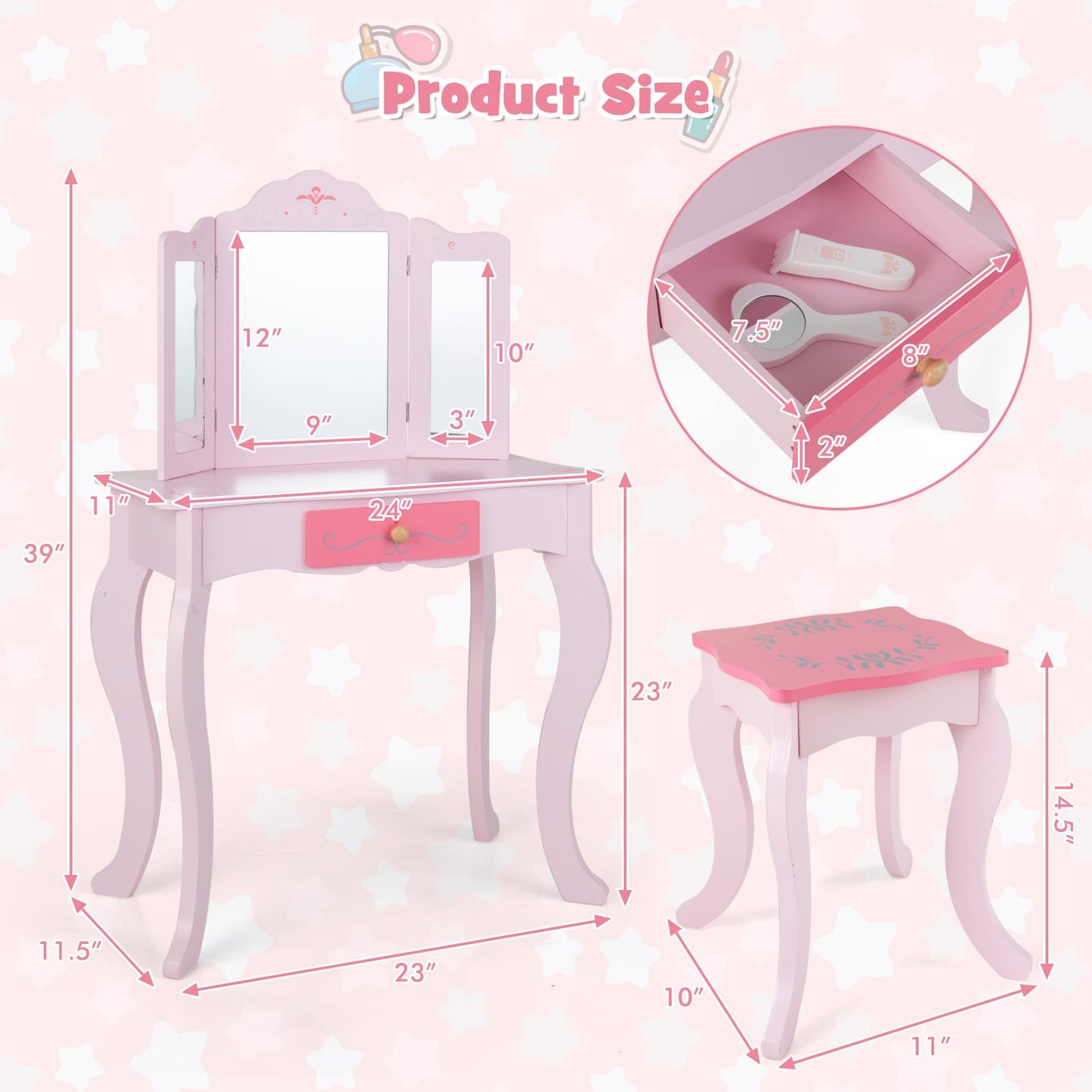 OLAKIDS Kids Vanity, 2 in 1 Princess Makeup Desk Set, Wooden Dressing Table, Pretend Play Vanity Set