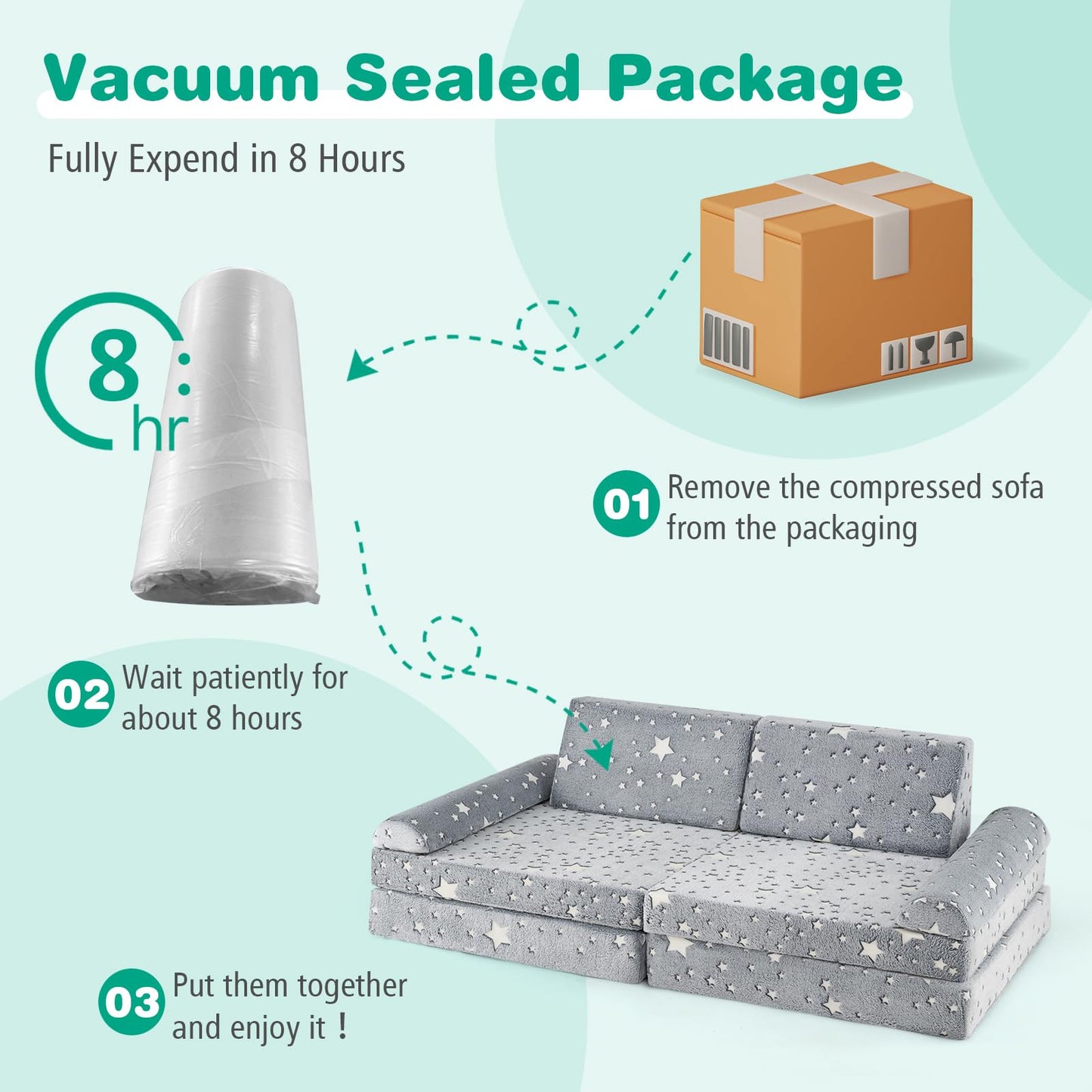 OLAKIDS Modular Kids Play Couch, 8 PCS Toddler Creative Sectional Fort Building Sofa, Convertible Soft Foam Floor Cushion