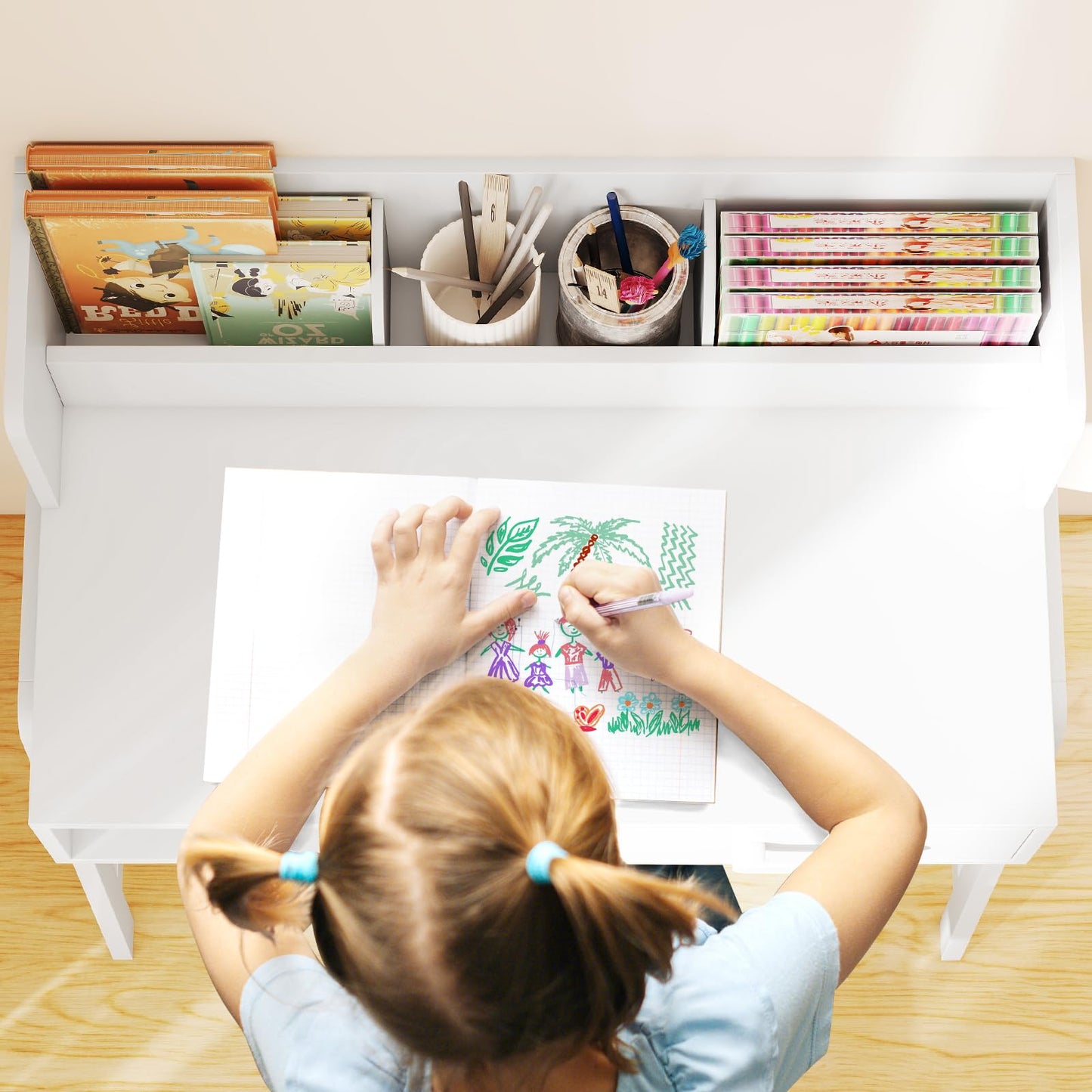 OLAKIDS Table and Chair Set, Toddler Wooden Student Study Desk with Chair Storage Hutch Compartments Drawers