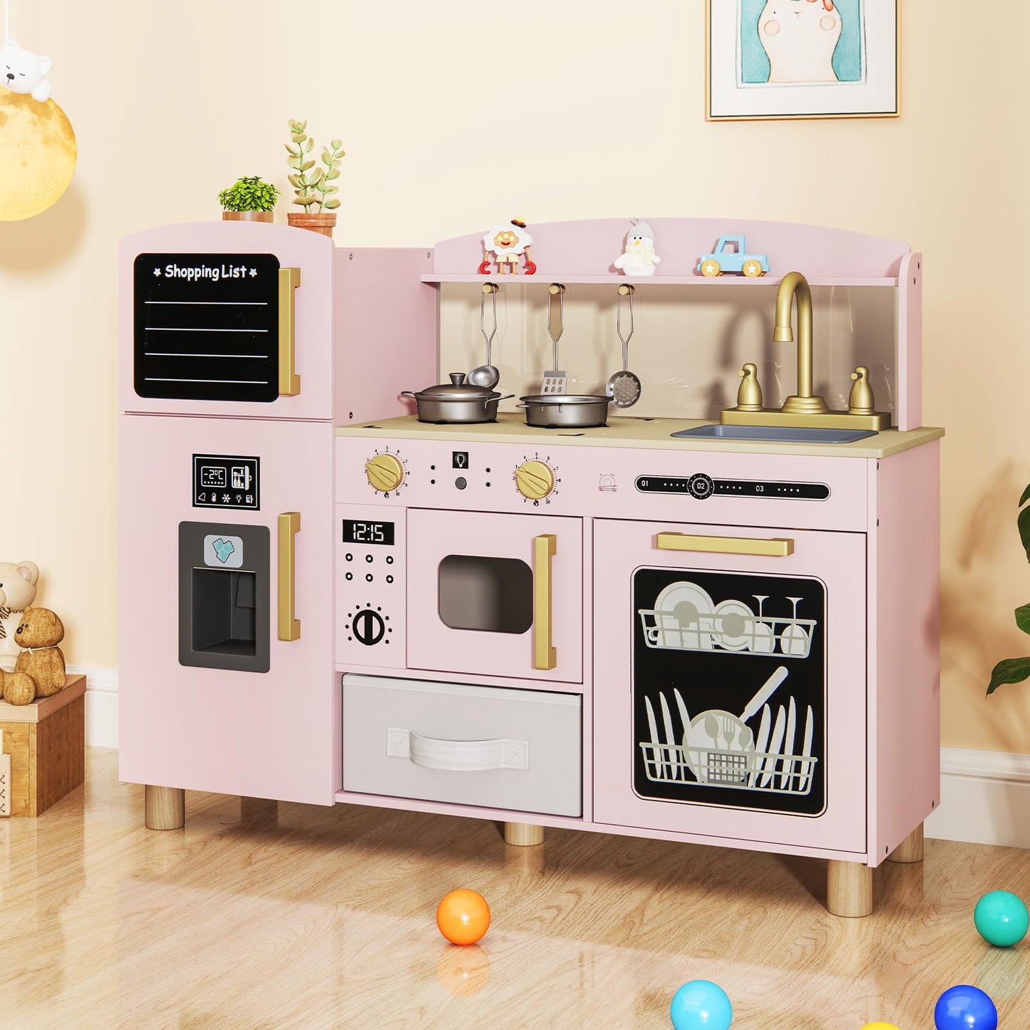 OLAKIDS Kids Kitchen Playset, Toddler Wooden Pretend Cooking Toy Set with Acrylic Drawing Board Ice Machine Dishwasher