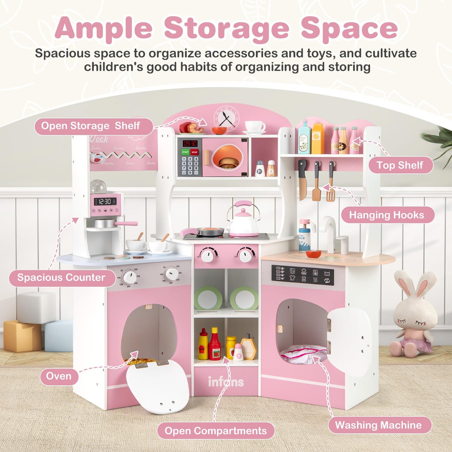 OLAKIDS Corner Kids Kitchen Playset, Toddler Wooden Pretend Cooking Set with Lights Sounds Coffee Machine Washing Machine