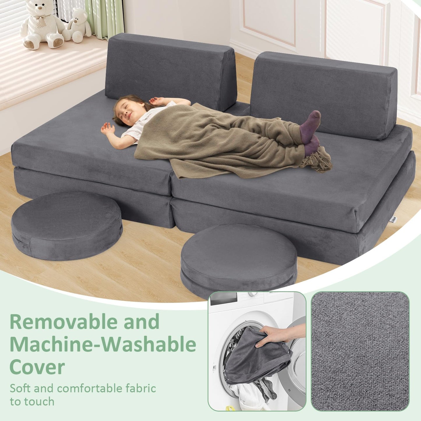 OLAKIDS Modular Kids Play Couch, 6 PCS Toddler Creative Sectional Fort Building Sofa for Playroom, Bedroom