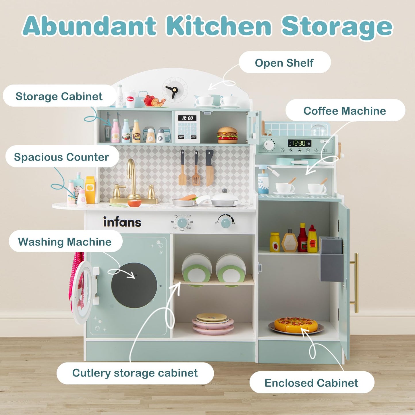 OLAKIDS Kids Kitchen Playset, Toddler Wooden Kitchen Pretend Cooking Toy Set with Coffee Maker