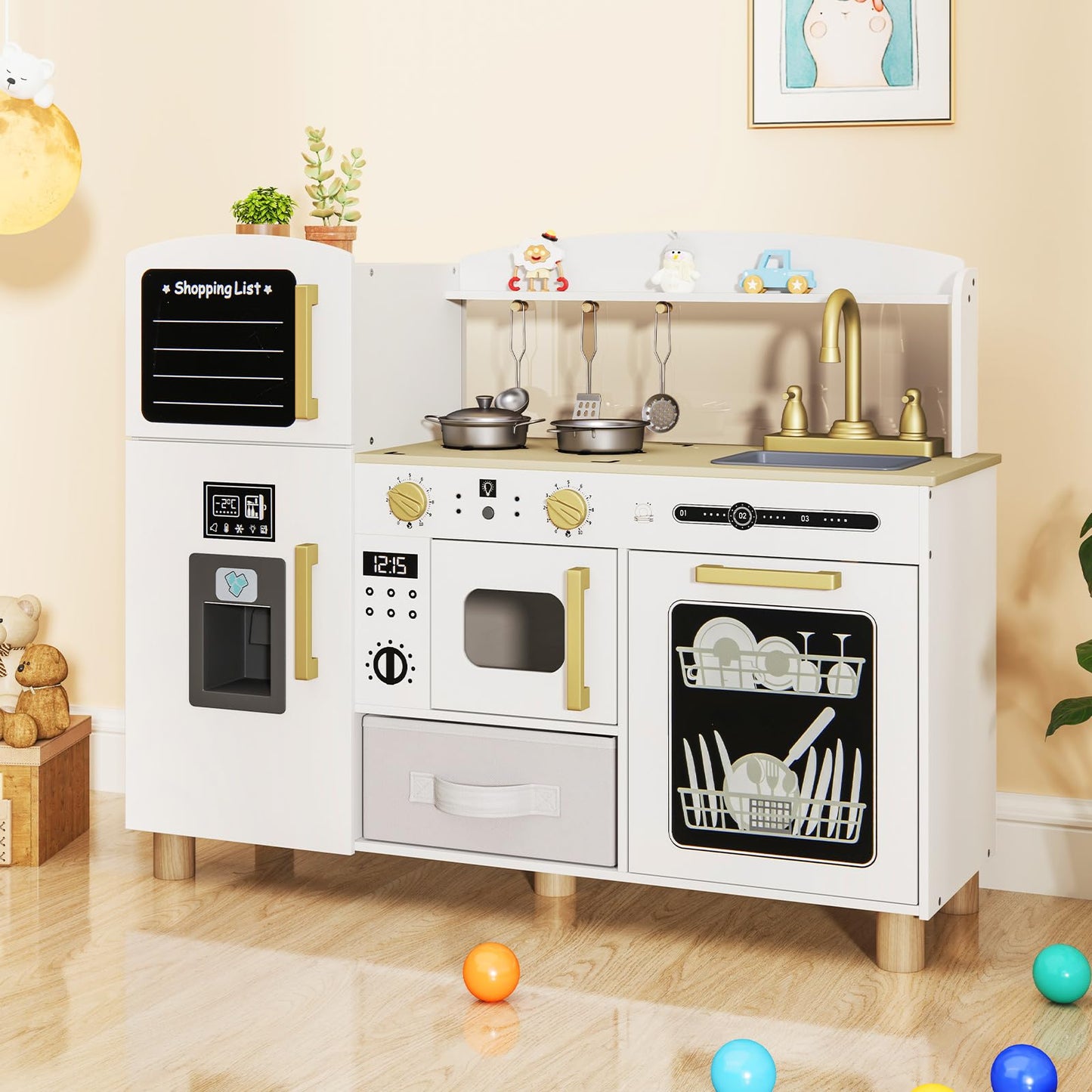 OLAKIDS Kids Kitchen Playset, Toddler Wooden Pretend Cooking Toy Set with Acrylic Drawing Board Ice Machine Dishwasher