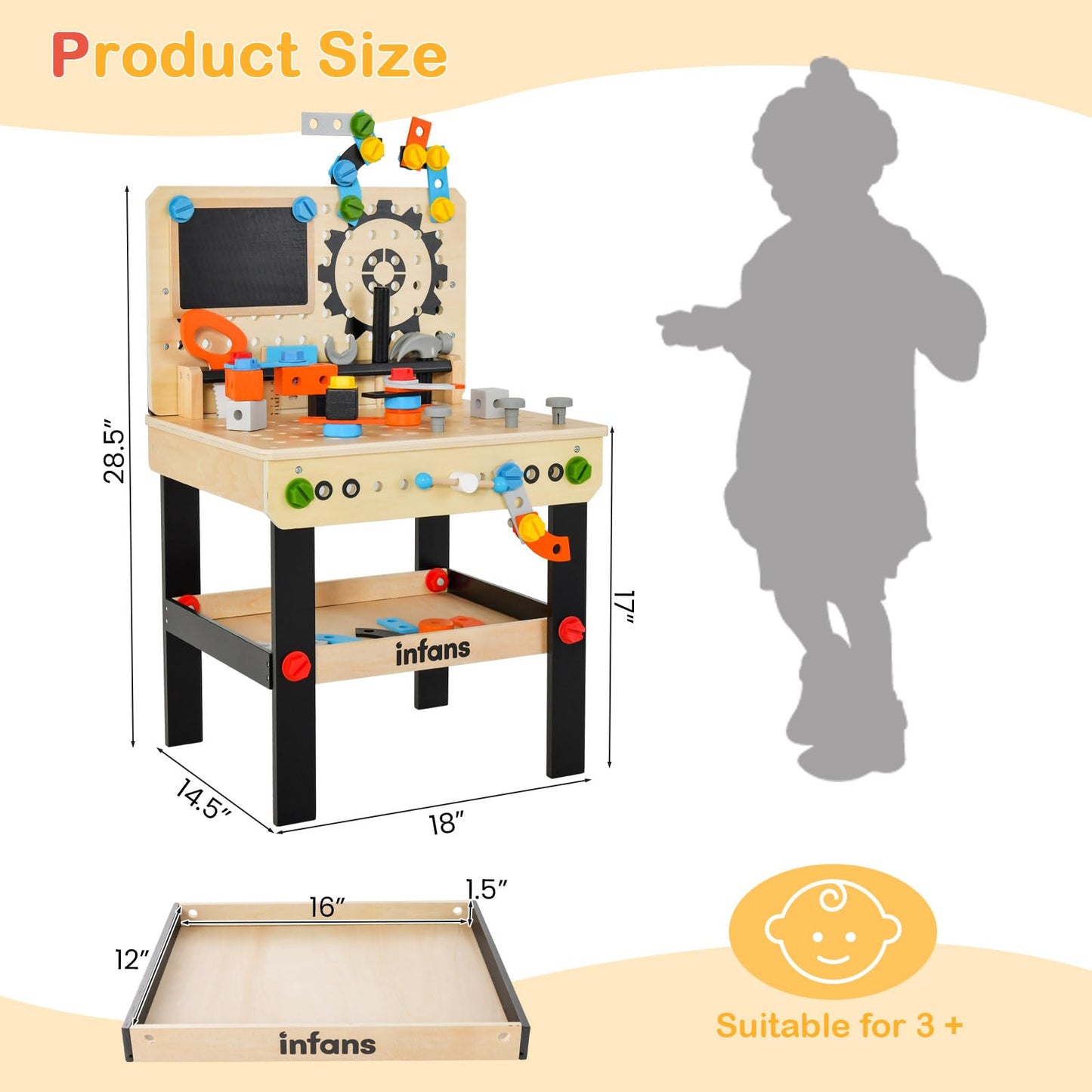 OLAKIDS Tool Bench Set for Toddlers, Kids Wooden Workbench with Blackboard Construction Building Tools and 75 Accessories