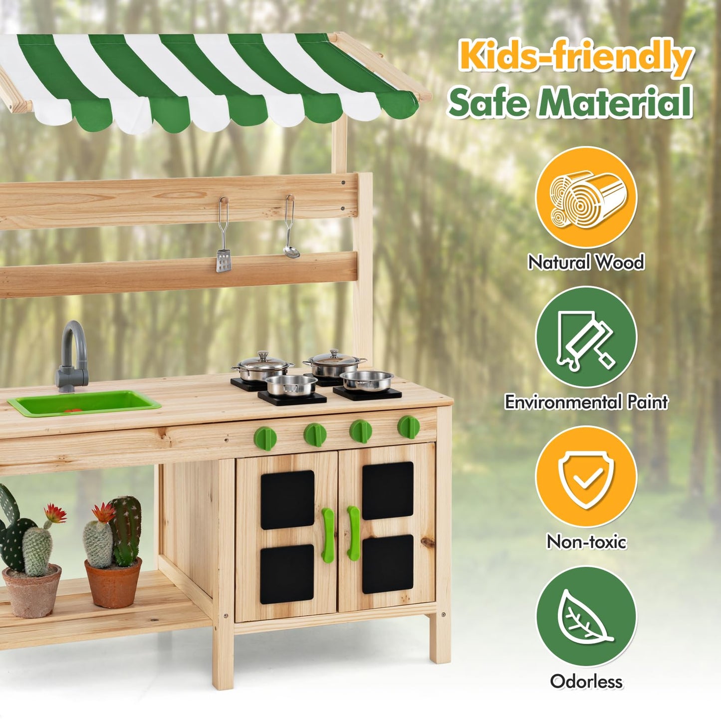 OLAKIDS Mud Kitchen, Play Kitchen with Awning Faucet Stoves, Wooden Kids Kitchen Playset