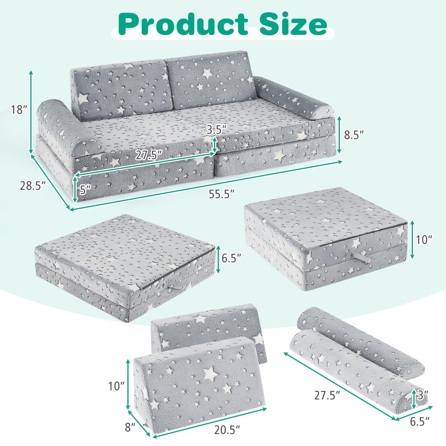 OLAKIDS Modular Kids Play Couch, 8 PCS Toddler Creative Sectional Fort Building Sofa, Convertible Soft Foam Floor Cushion