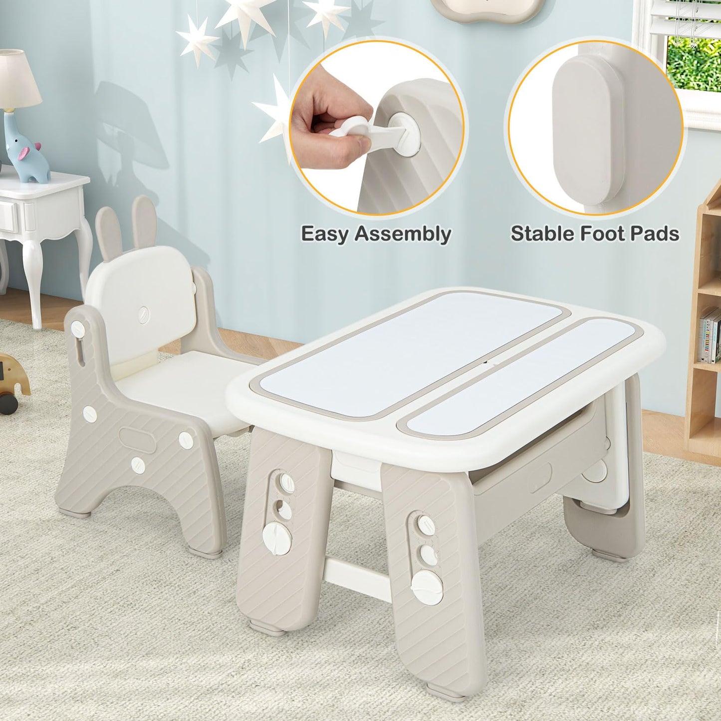 OLAKIDS Kids Table and Chair Set, Activity Table with Magnetic Drawing Board Adjustable Height, Toddler Plastic Furniture Table