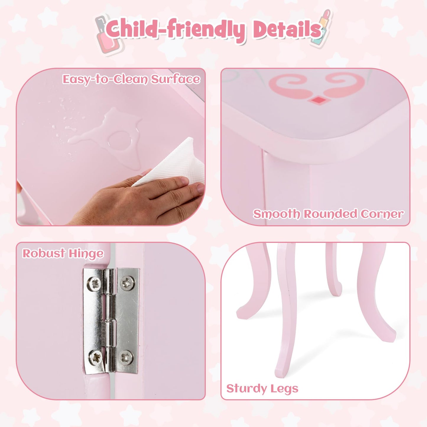 OLAKIDS Kids Vanity, 2 in 1 Princess Makeup Desk Set, Wooden Dressing Table, Pretend Play Vanity Set