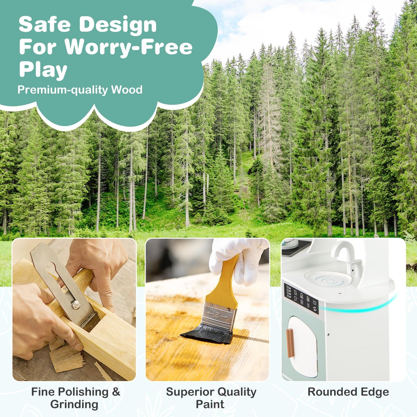 OLAKIDS Corner Kids Kitchen Playset, Toddler Wooden Pretend Cooking Set with Lights Sounds Coffee Machine Washing Machine